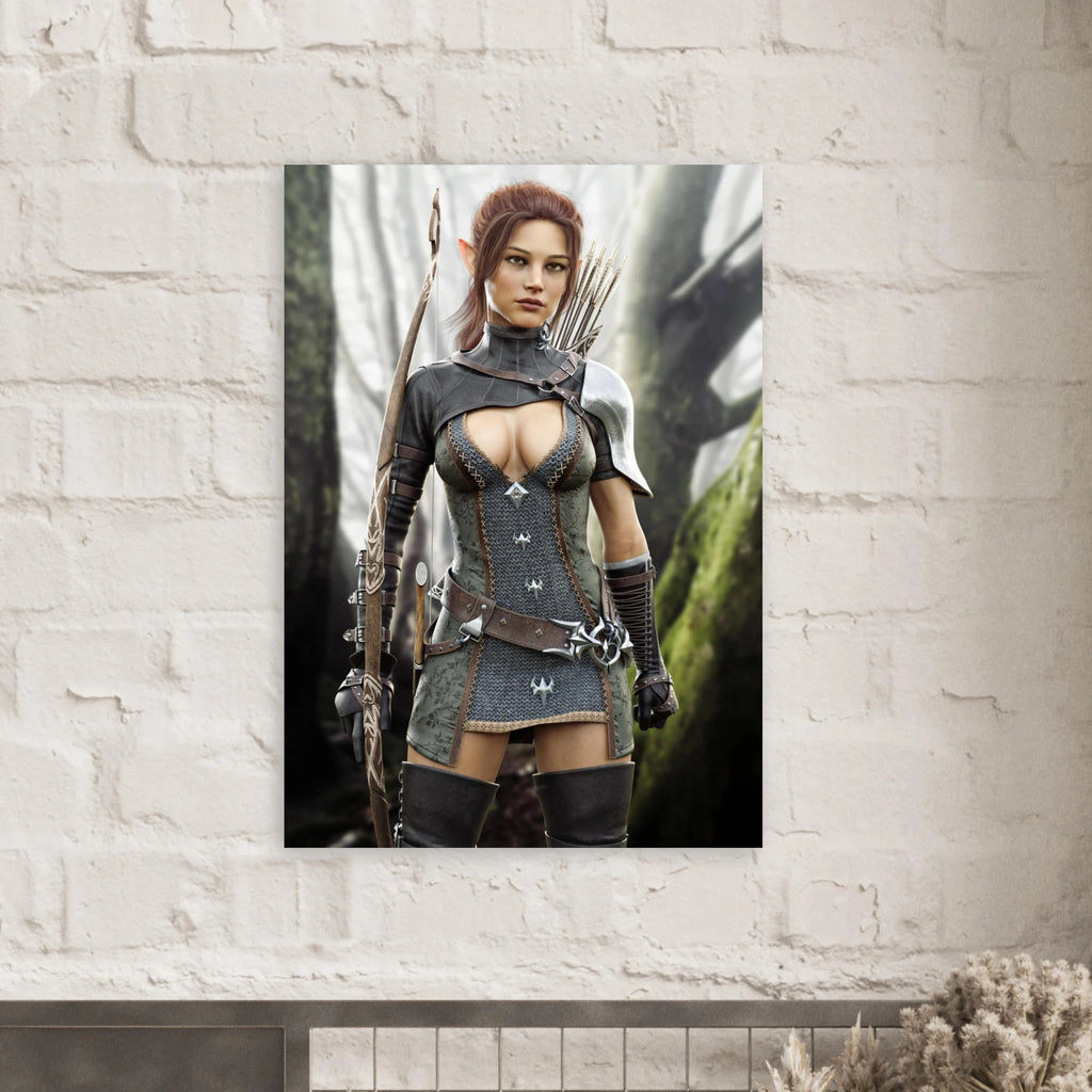 Handcrafted Fantasy Elf Ranger wall art featuring a skilled female elven archer carrying an ornate longbow and quiver while standing in an enchanted forest. Fantasy artwork perfect for gaming rooms, RPG fans, archery enthusiasts, and medieval fantasy décor.