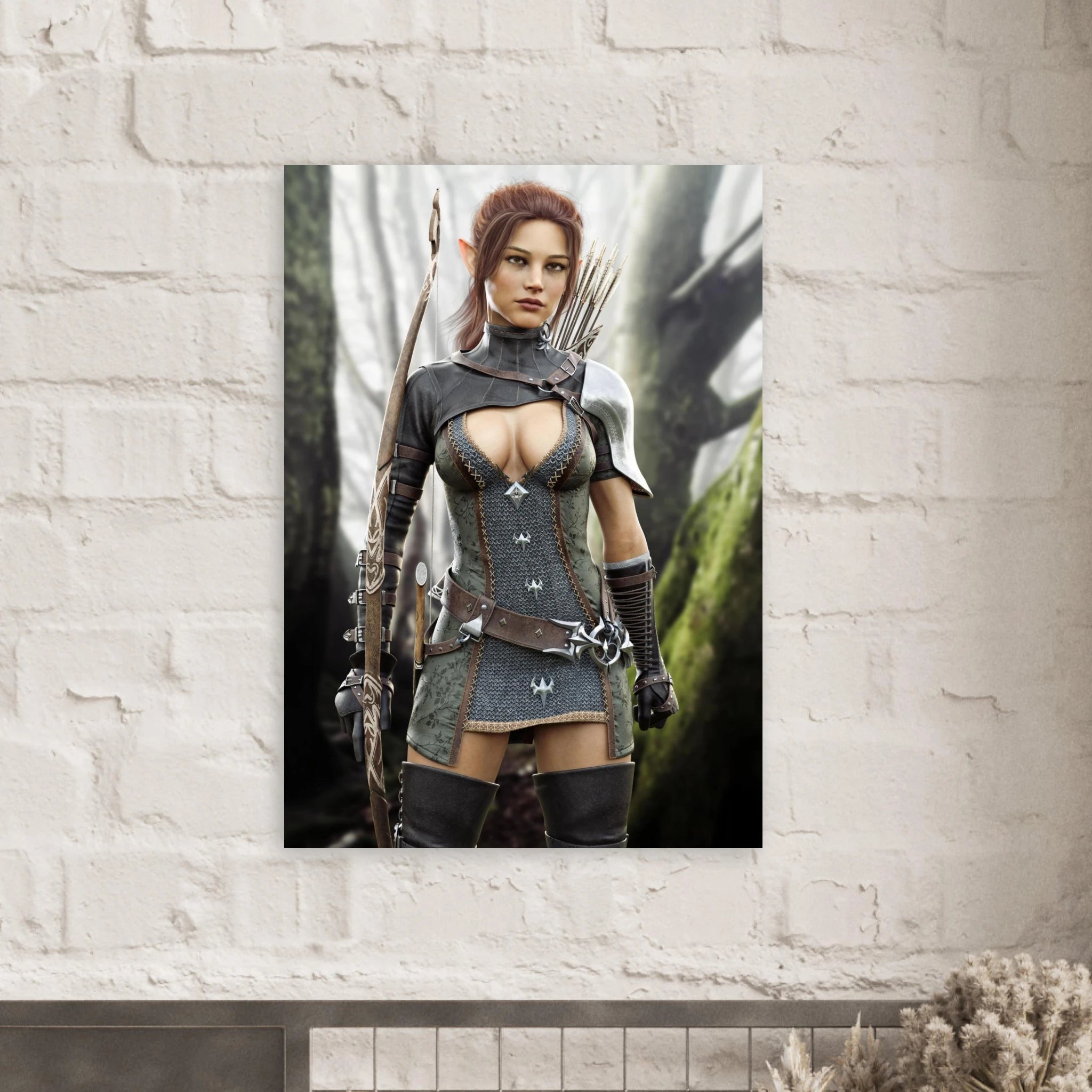 Handcrafted Fantasy Elf Ranger wall art featuring a skilled female elven archer carrying an ornate longbow and quiver while standing in an enchanted forest. Fantasy artwork perfect for gaming rooms, RPG fans, archery enthusiasts, and medieval fantasy décor.