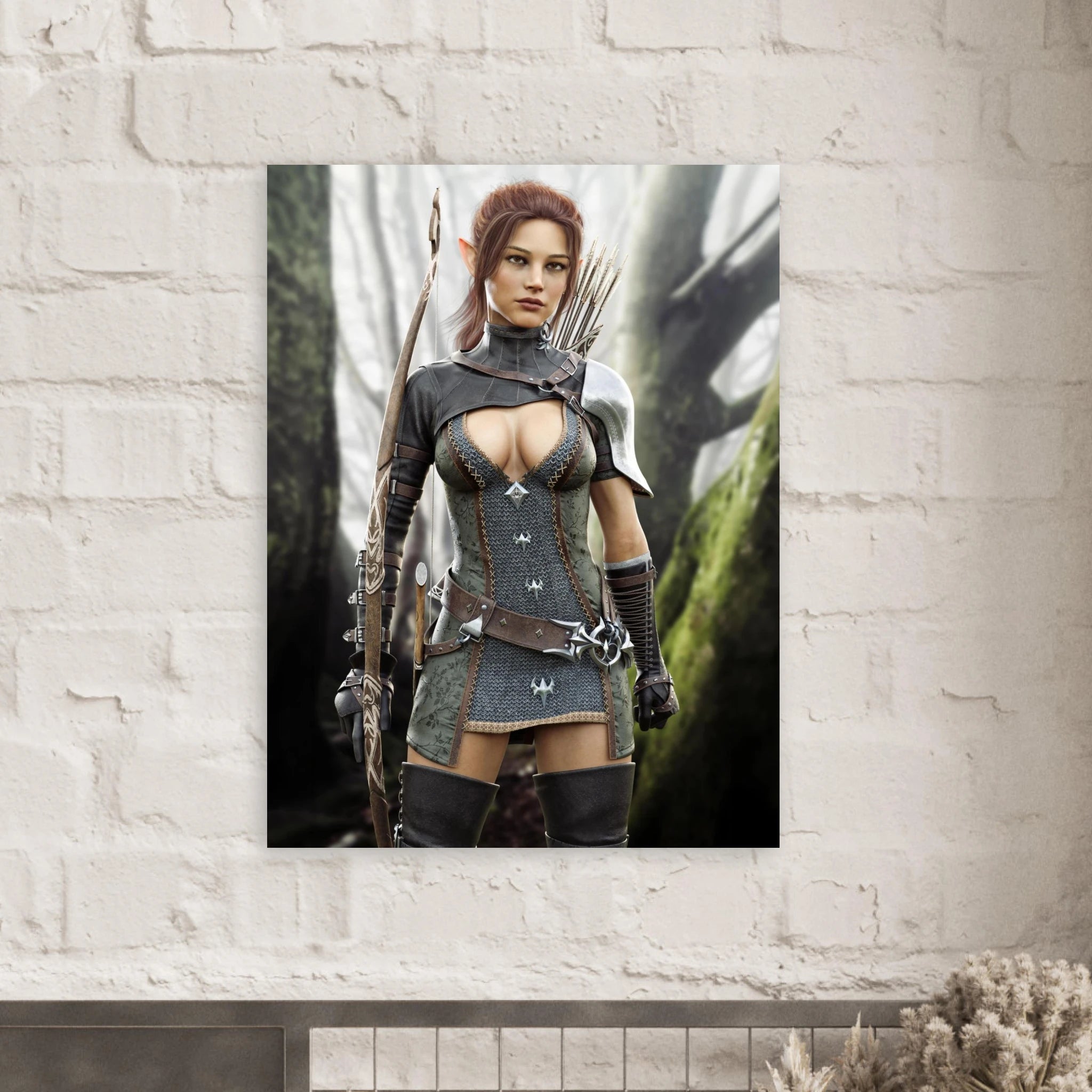 A vertical wall art print depicting a female archer in dark gray armor with red hair, displayed on a white brick wall above a mantel.