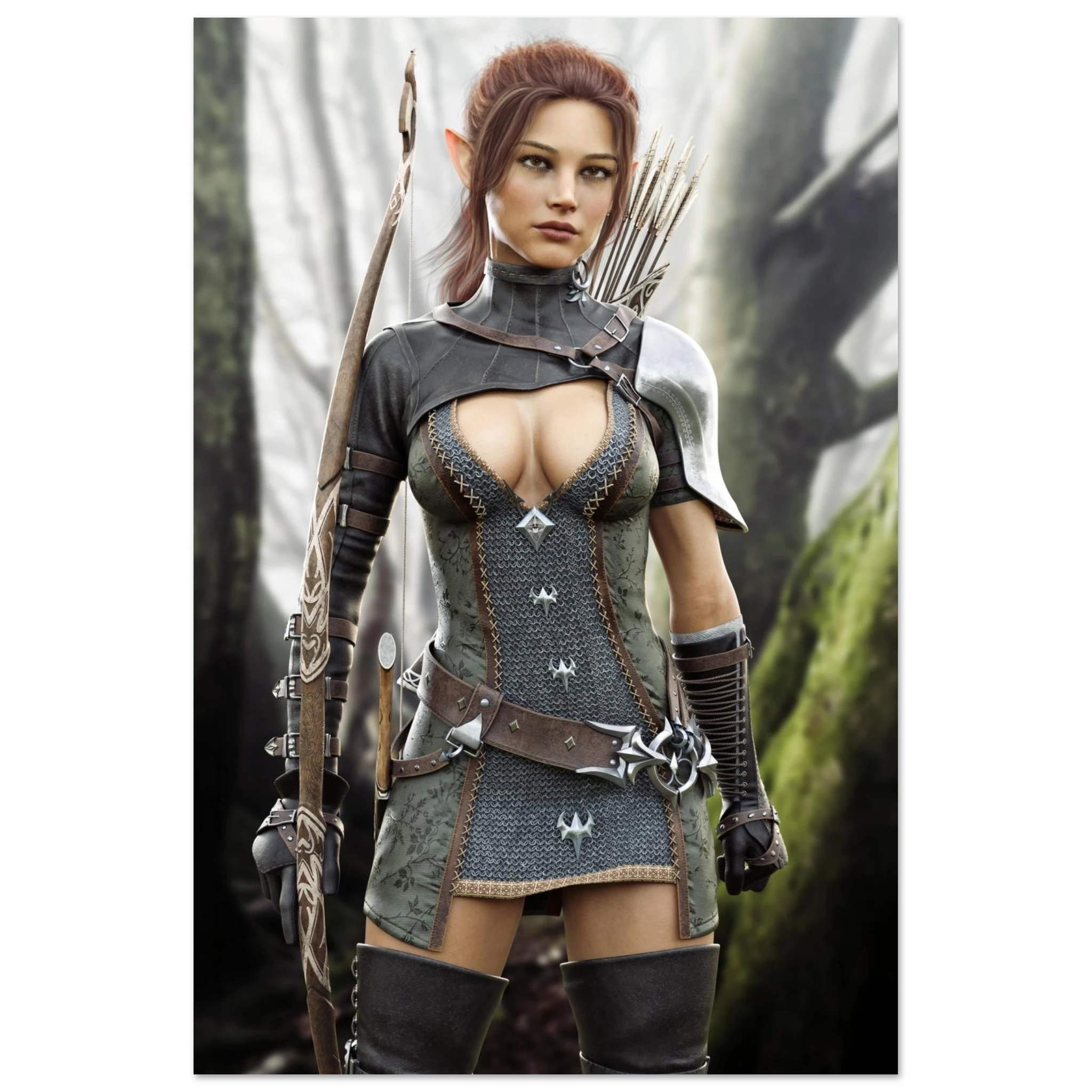 A fantasy female archer character wearing detailed gray and brown armor with a chainmail-style corset, holding a bow, shown against a blurred forest background.