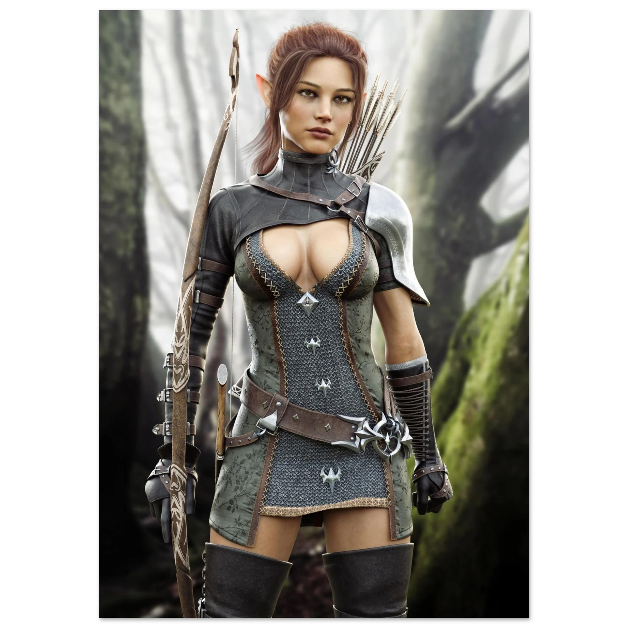 A fantasy female warrior character wearing a dark gray and brown chainmail-style armor bodysuit with silver accents, holding a bow, set against a blurred forest background.