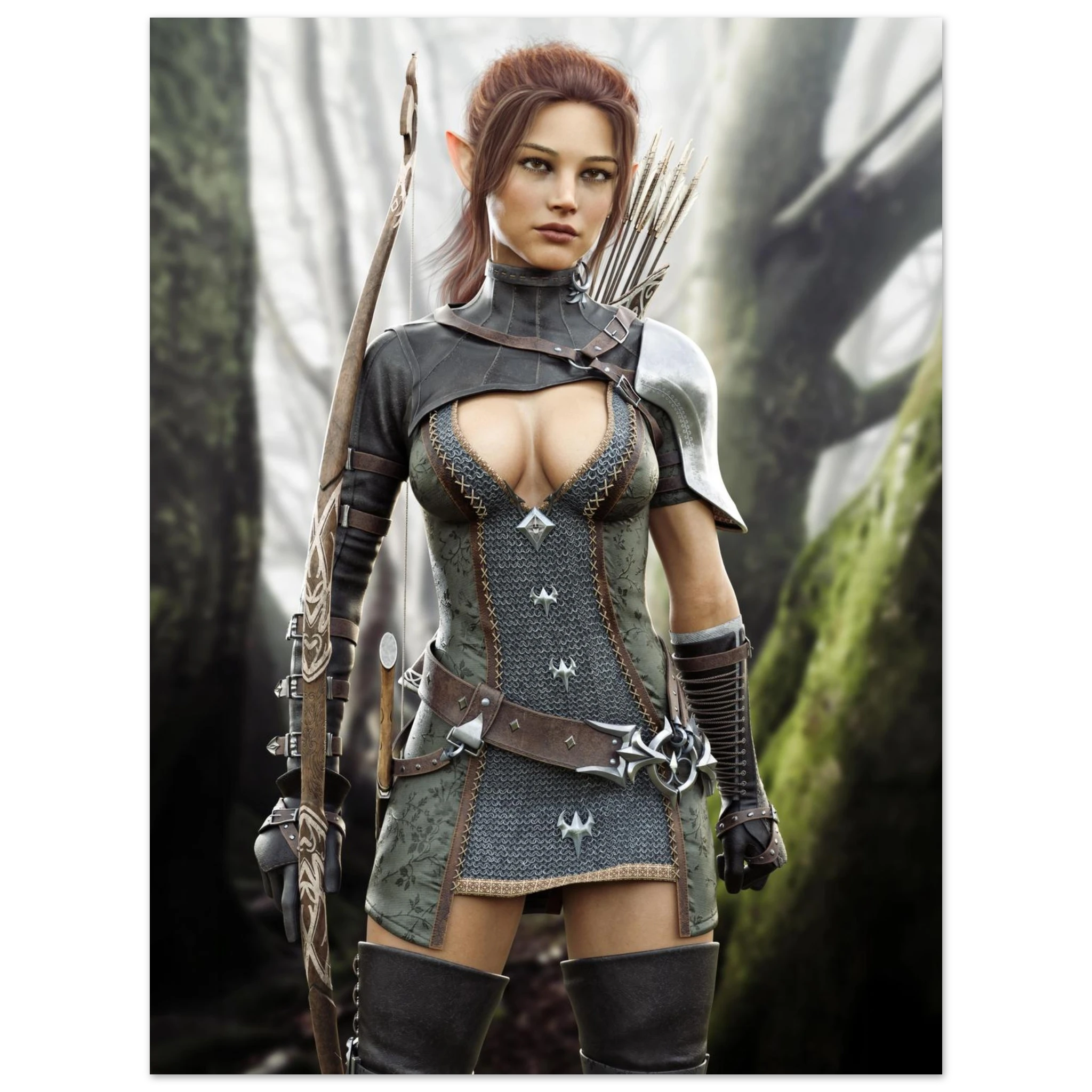 A fantasy female warrior character wearing detailed chainmail-style armor with silver and dark gray elements, holding a bow, set against a blurred forest background.