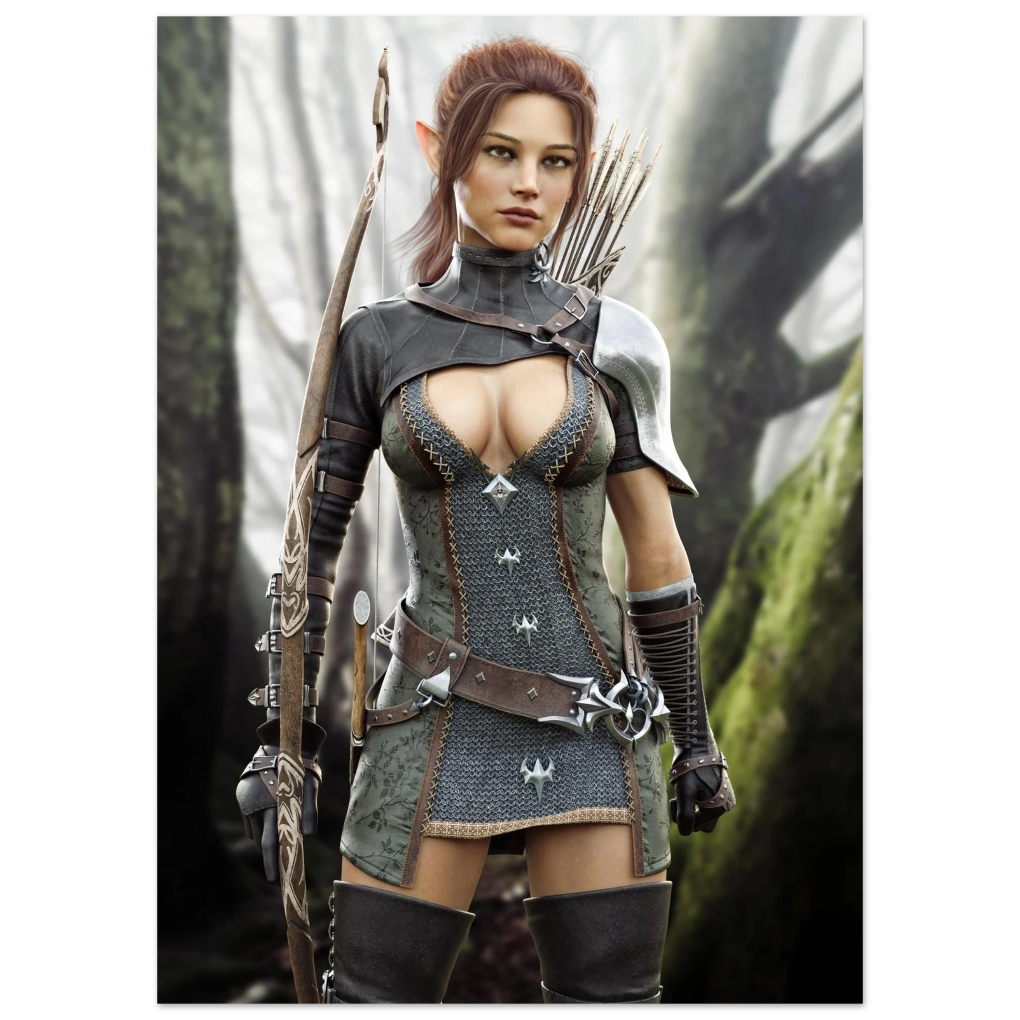 A fantasy female warrior character shown from head to mid-thigh, wearing a dark metallic corset-style armor outfit with silver chainmail texture, brown leather straps, a bow on her back, and a bowler hat. The background is a blurred forest scene.