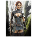 A fantasy female warrior figurine or character model wearing a dark gray and brown chainmail-style armor outfit with silver accents, holding a bow, set against a blurred forest background.