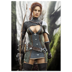 A fantasy female warrior figurine or character model wearing a dark gray and brown chainmail-style armor outfit with silver accents, holding a bow, set against a blurred forest background.