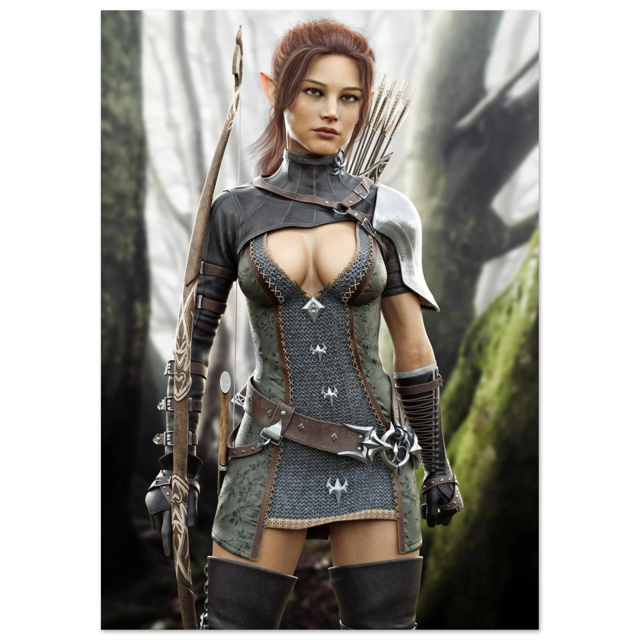 A fantasy female warrior figurine or character model wearing a dark gray and brown chainmail-style armor outfit with silver accents, holding a bow, set against a blurred forest background.
