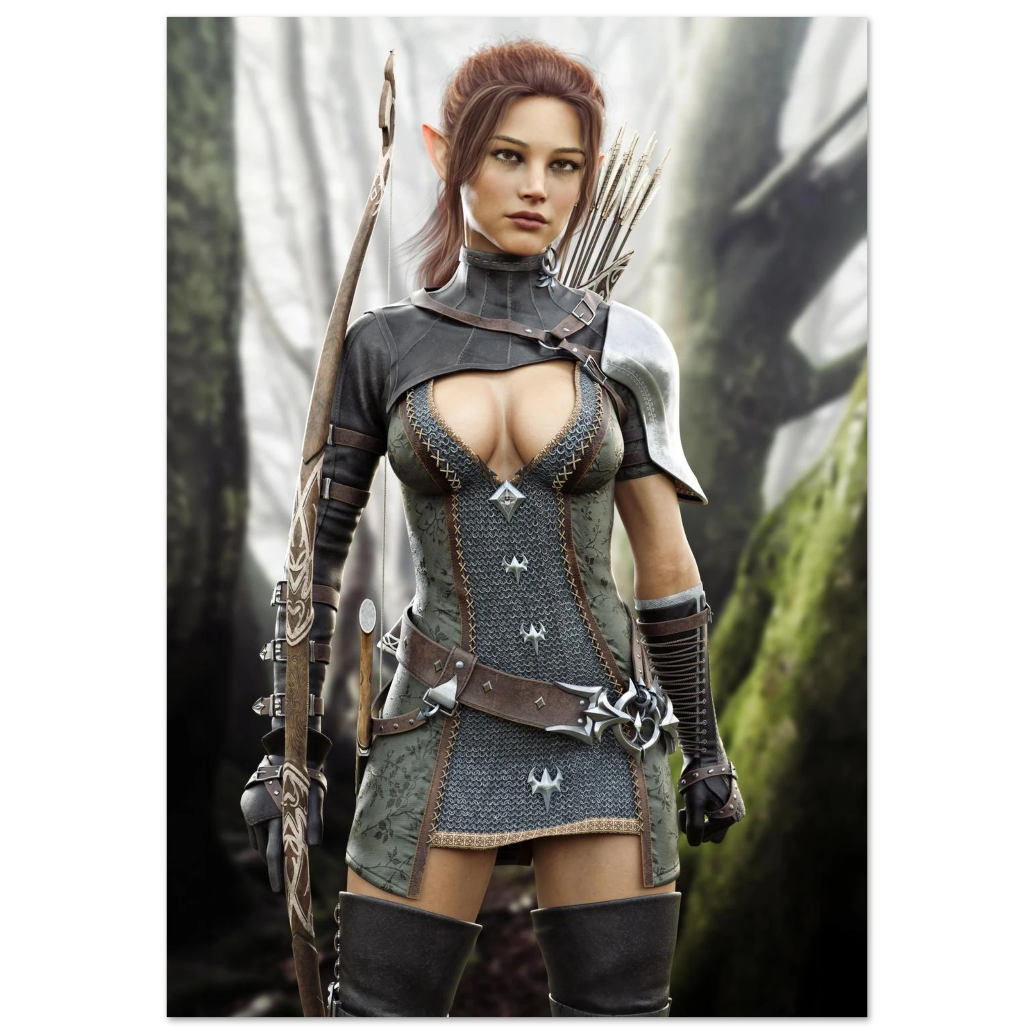 A fantasy female warrior character wearing a dark gray and brown chainmail-style armor bodysuit with silver accents, holding a bow, set against a blurred forest background.
