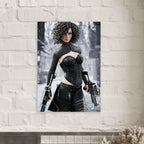 Handcrafted Fantasy Female Hunter wall art featuring a determined huntress wielding dual hand crossbows while standing in a snowy winter landscape. Fantasy artwork perfect for gaming rooms, RPG fans, collectors, and medieval fantasy décor.