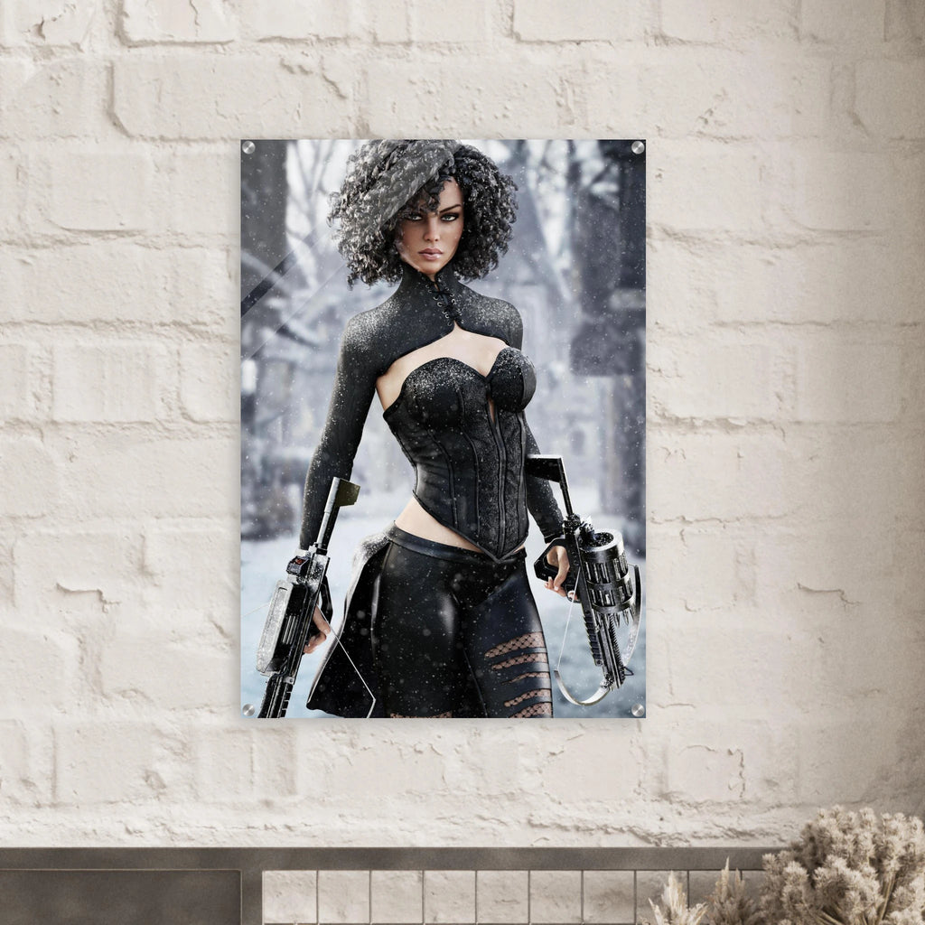 Handcrafted Fantasy Female Hunter wall art featuring a determined huntress wielding dual hand crossbows while standing in a snowy winter landscape. Fantasy artwork perfect for gaming rooms, RPG fans, collectors, and medieval fantasy décor.