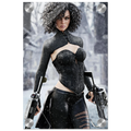 Handcrafted Fantasy Female Hunter wall art featuring a determined huntress wielding dual hand crossbows while standing in a snowy winter landscape. Fantasy artwork perfect for gaming rooms, RPG fans, collectors, and medieval fantasy décor.