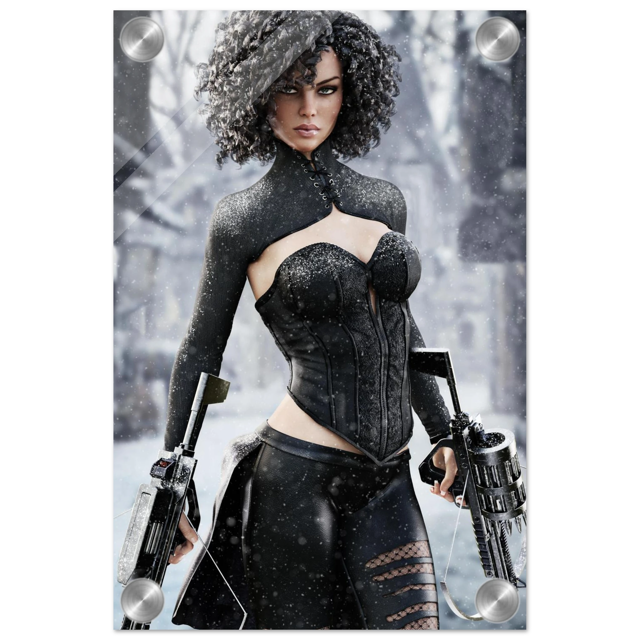 Handcrafted Fantasy Female Hunter wall art featuring a determined huntress wielding dual hand crossbows while standing in a snowy winter landscape. Fantasy artwork perfect for gaming rooms, RPG fans, collectors, and medieval fantasy décor.