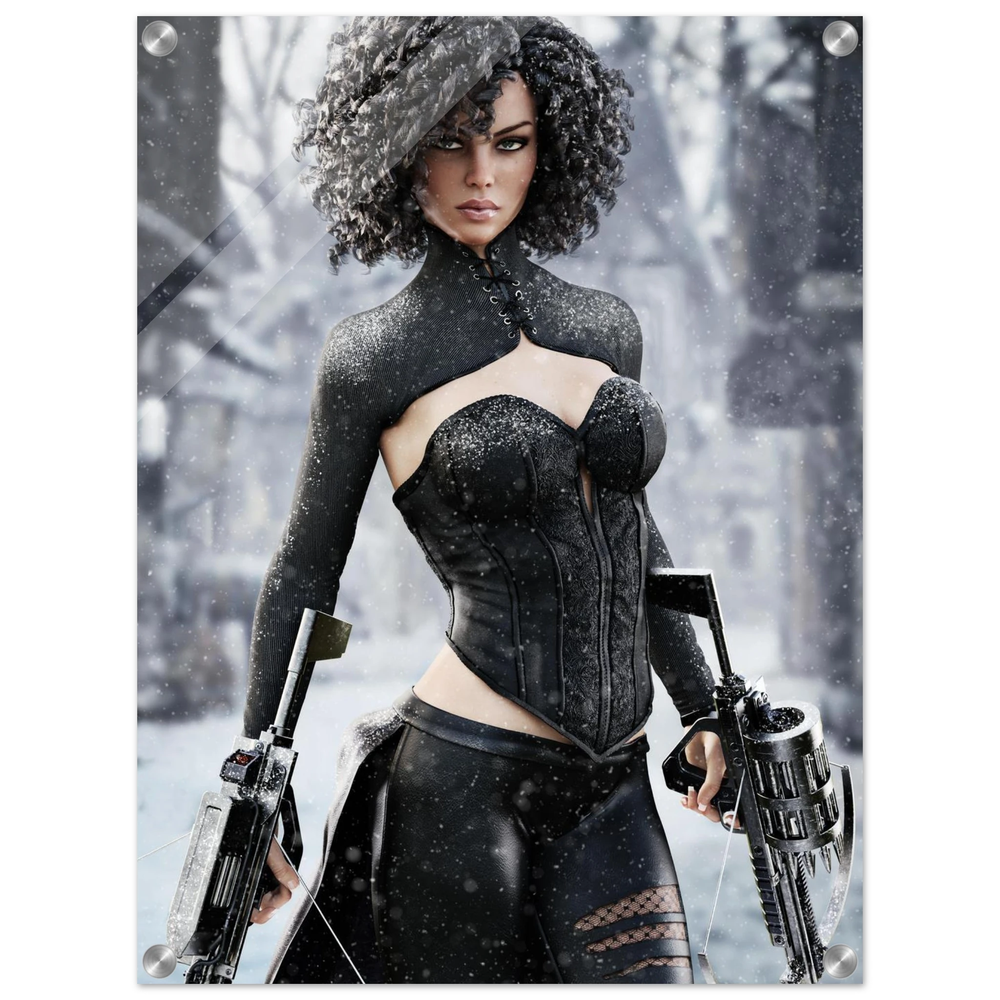 Handcrafted Fantasy Female Hunter wall art featuring a determined huntress wielding dual hand crossbows while standing in a snowy winter landscape. Fantasy artwork perfect for gaming rooms, RPG fans, collectors, and medieval fantasy décor.