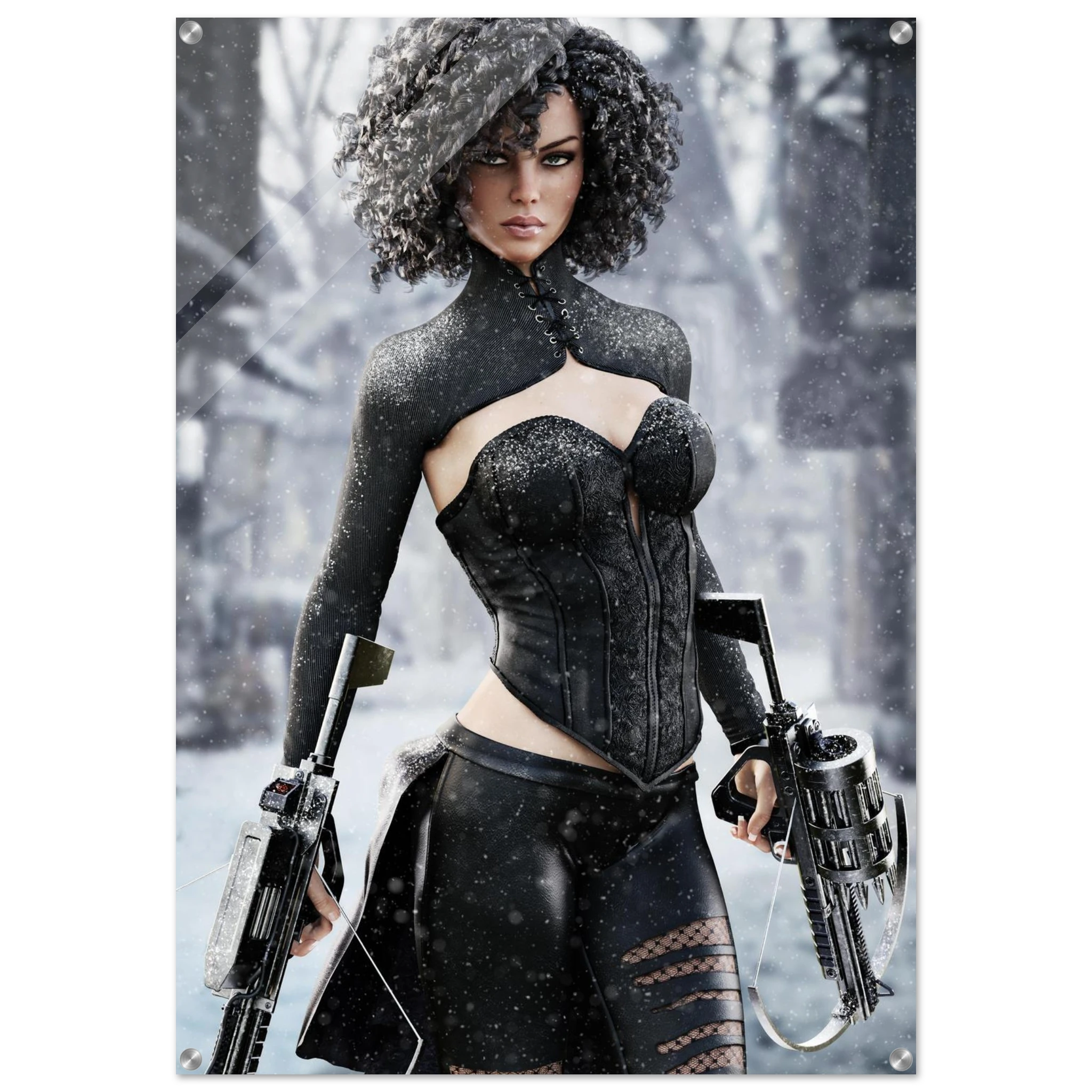 Handcrafted Fantasy Female Hunter wall art featuring a determined huntress wielding dual hand crossbows while standing in a snowy winter landscape. Fantasy artwork perfect for gaming rooms, RPG fans, collectors, and medieval fantasy décor.