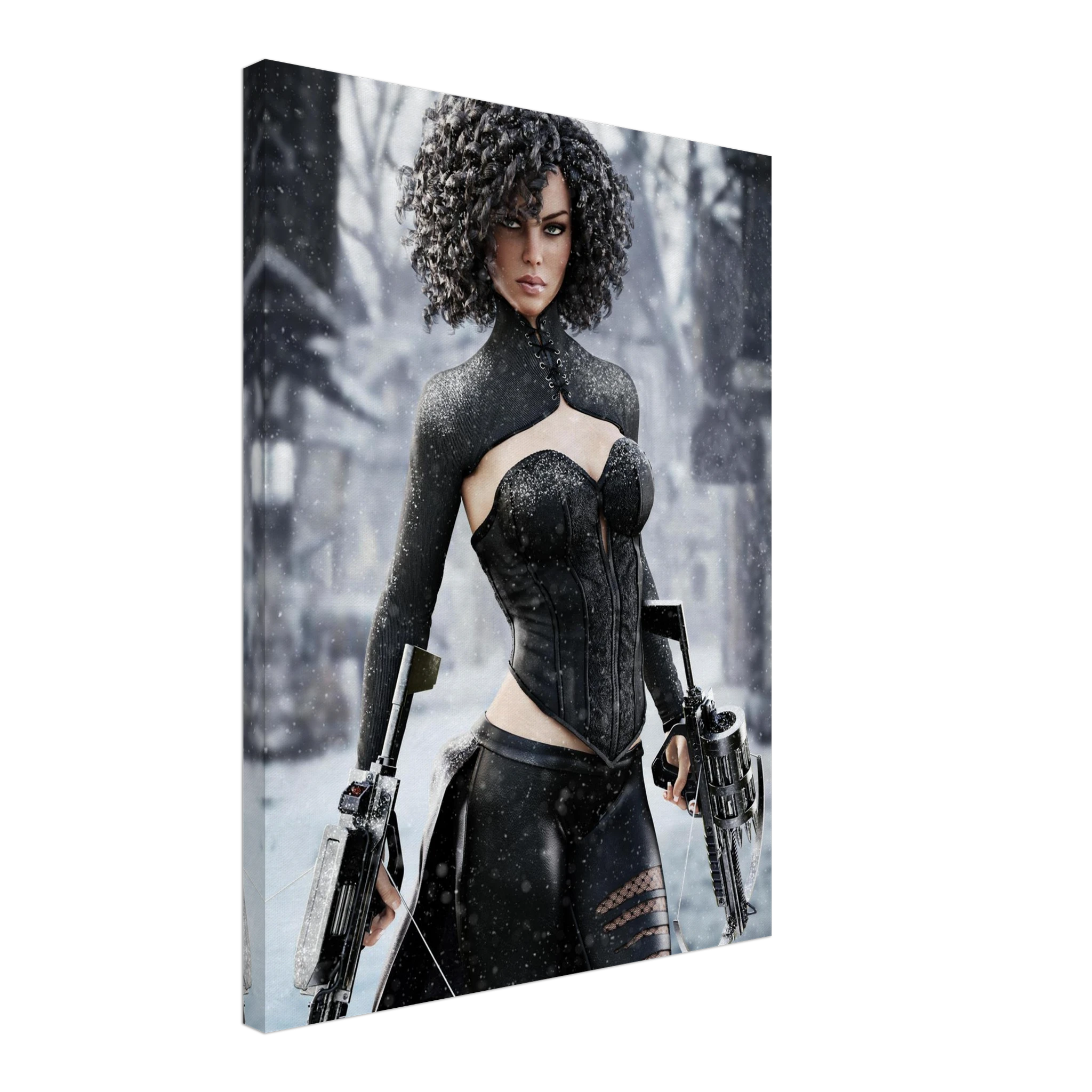 Handcrafted Fantasy Female Hunter wall art featuring a determined huntress wielding dual hand crossbows while standing in a snowy winter landscape. Fantasy artwork perfect for gaming rooms, RPG fans, collectors, and medieval fantasy décor.