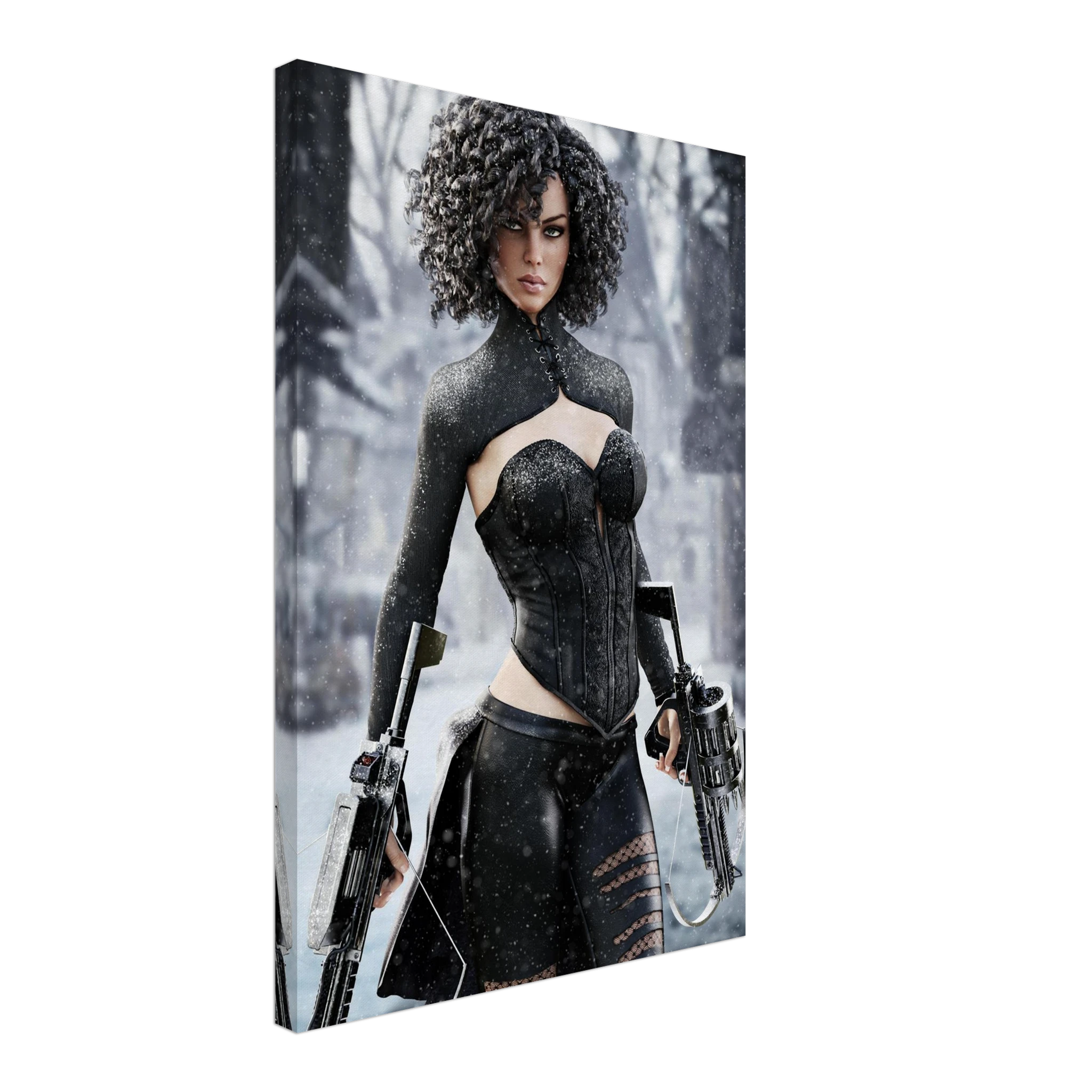 Handcrafted Fantasy Female Hunter wall art featuring a determined huntress wielding dual hand crossbows while standing in a snowy winter landscape. Fantasy artwork perfect for gaming rooms, RPG fans, collectors, and medieval fantasy décor.
