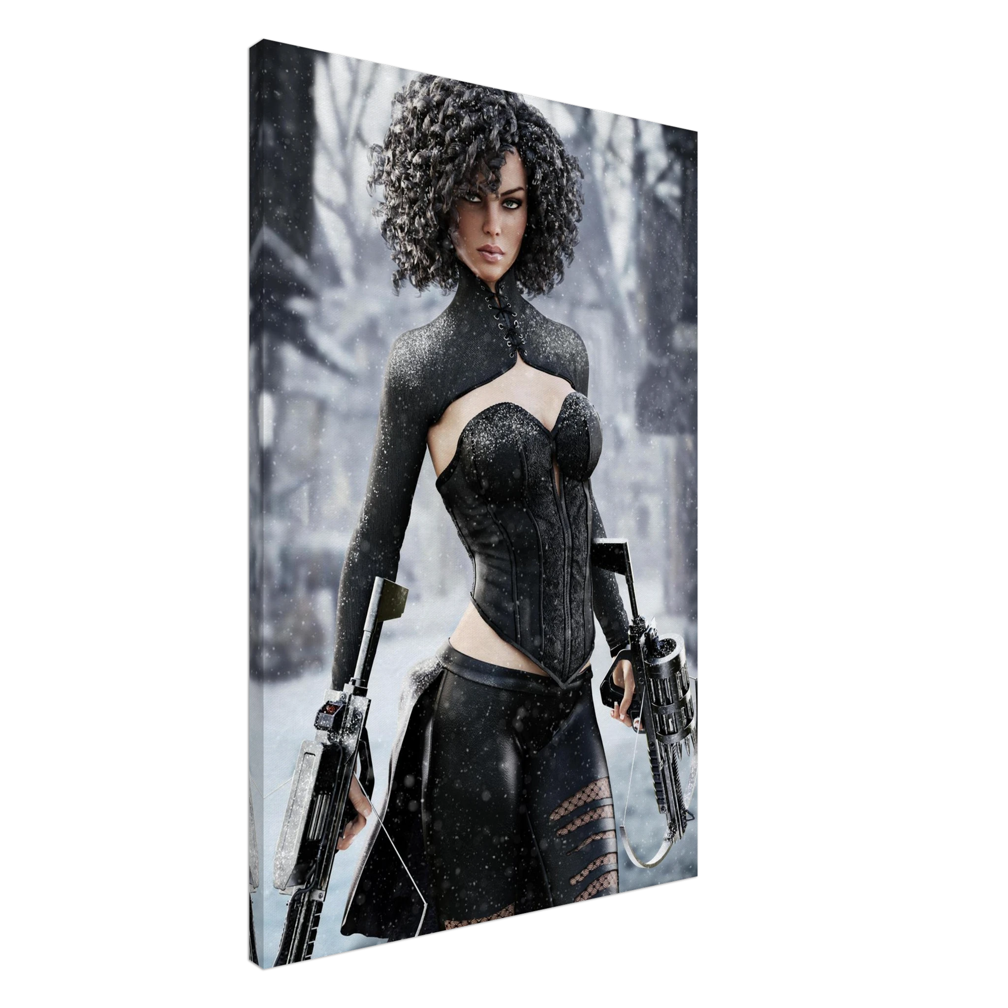 Handcrafted Fantasy Female Hunter wall art featuring a determined huntress wielding dual hand crossbows while standing in a snowy winter landscape. Fantasy artwork perfect for gaming rooms, RPG fans, collectors, and medieval fantasy décor.