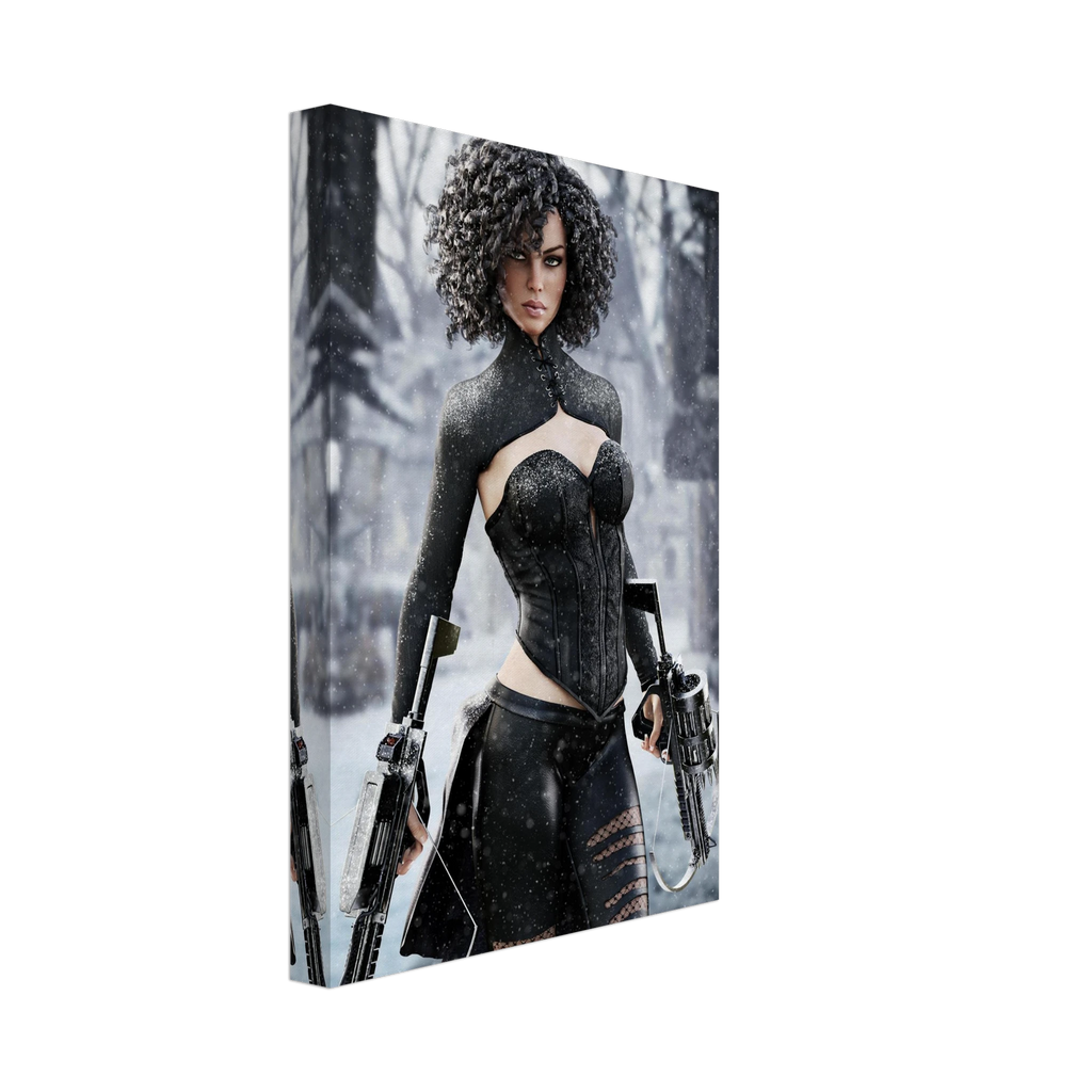 Handcrafted Fantasy Female Hunter wall art featuring a determined huntress wielding dual hand crossbows while standing in a snowy winter landscape. Fantasy artwork perfect for gaming rooms, RPG fans, collectors, and medieval fantasy décor.