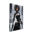 Handcrafted Fantasy Female Hunter wall art featuring a determined huntress wielding dual hand crossbows while standing in a snowy winter landscape. Fantasy artwork perfect for gaming rooms, RPG fans, collectors, and medieval fantasy décor.