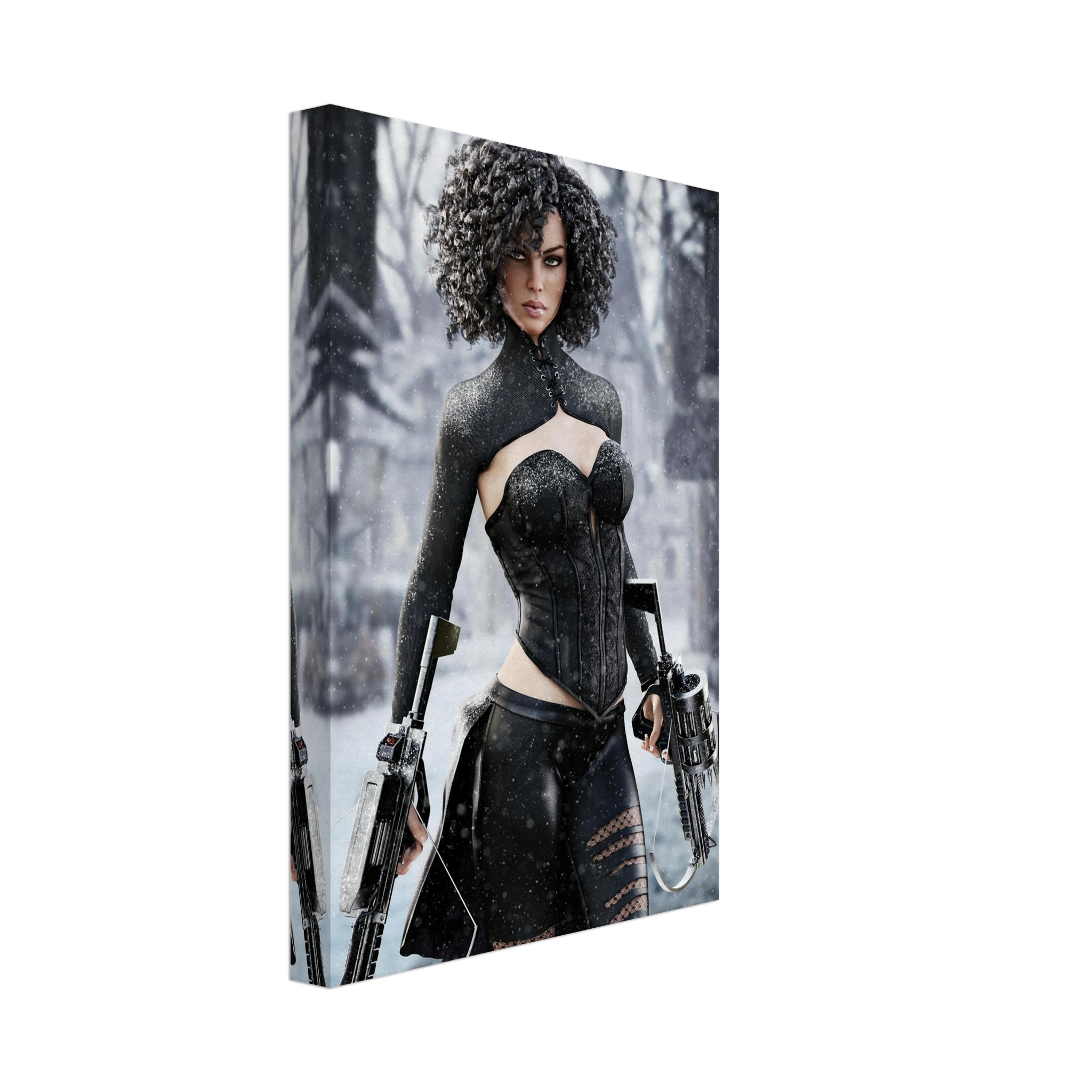 Handcrafted Fantasy Female Hunter wall art featuring a determined huntress wielding dual hand crossbows while standing in a snowy winter landscape. Fantasy artwork perfect for gaming rooms, RPG fans, collectors, and medieval fantasy décor.