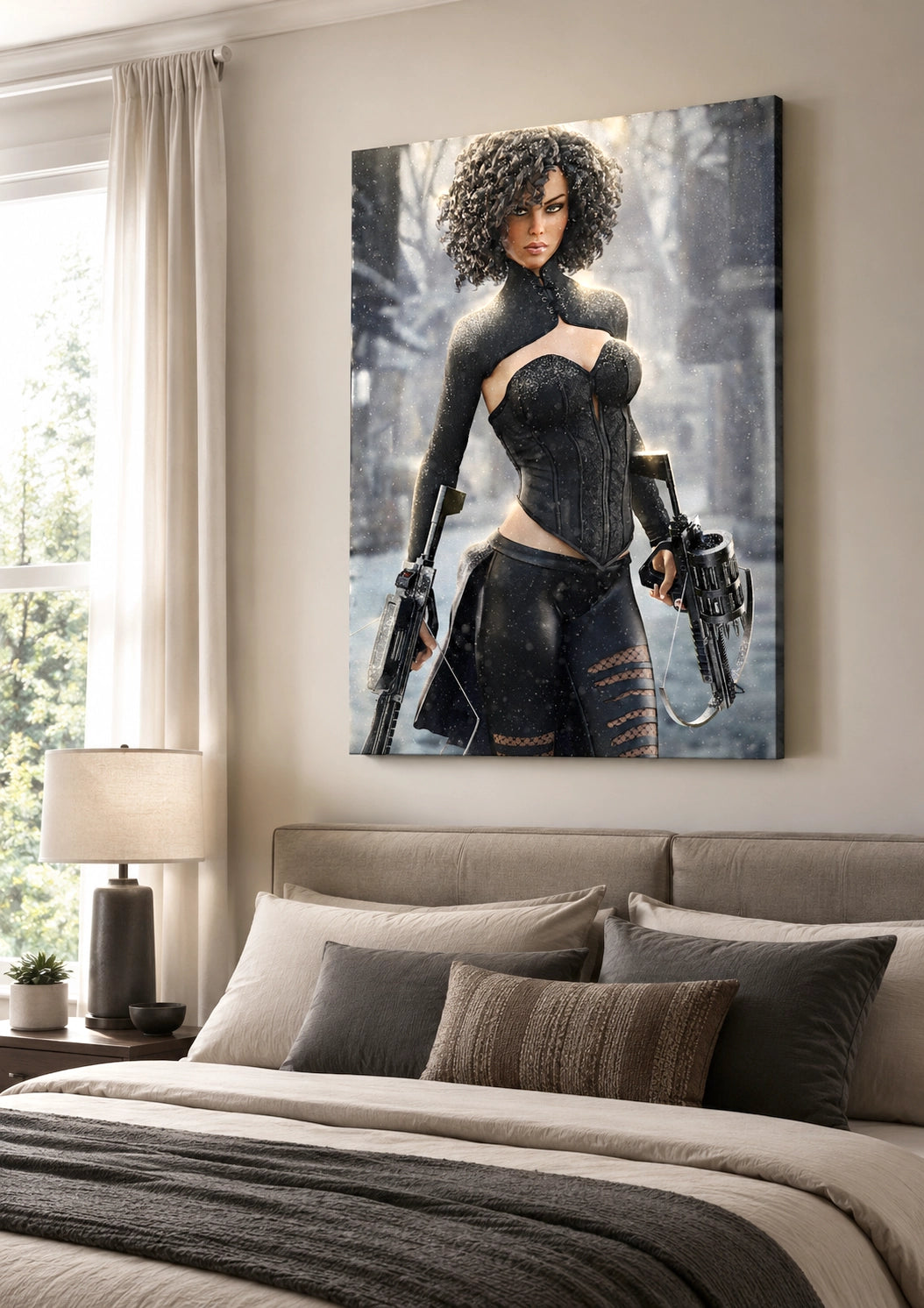 Handcrafted Fantasy Female Hunter wall art featuring a determined huntress wielding dual hand crossbows while standing in a snowy winter landscape. Fantasy artwork perfect for gaming rooms, RPG fans, collectors, and medieval fantasy décor.