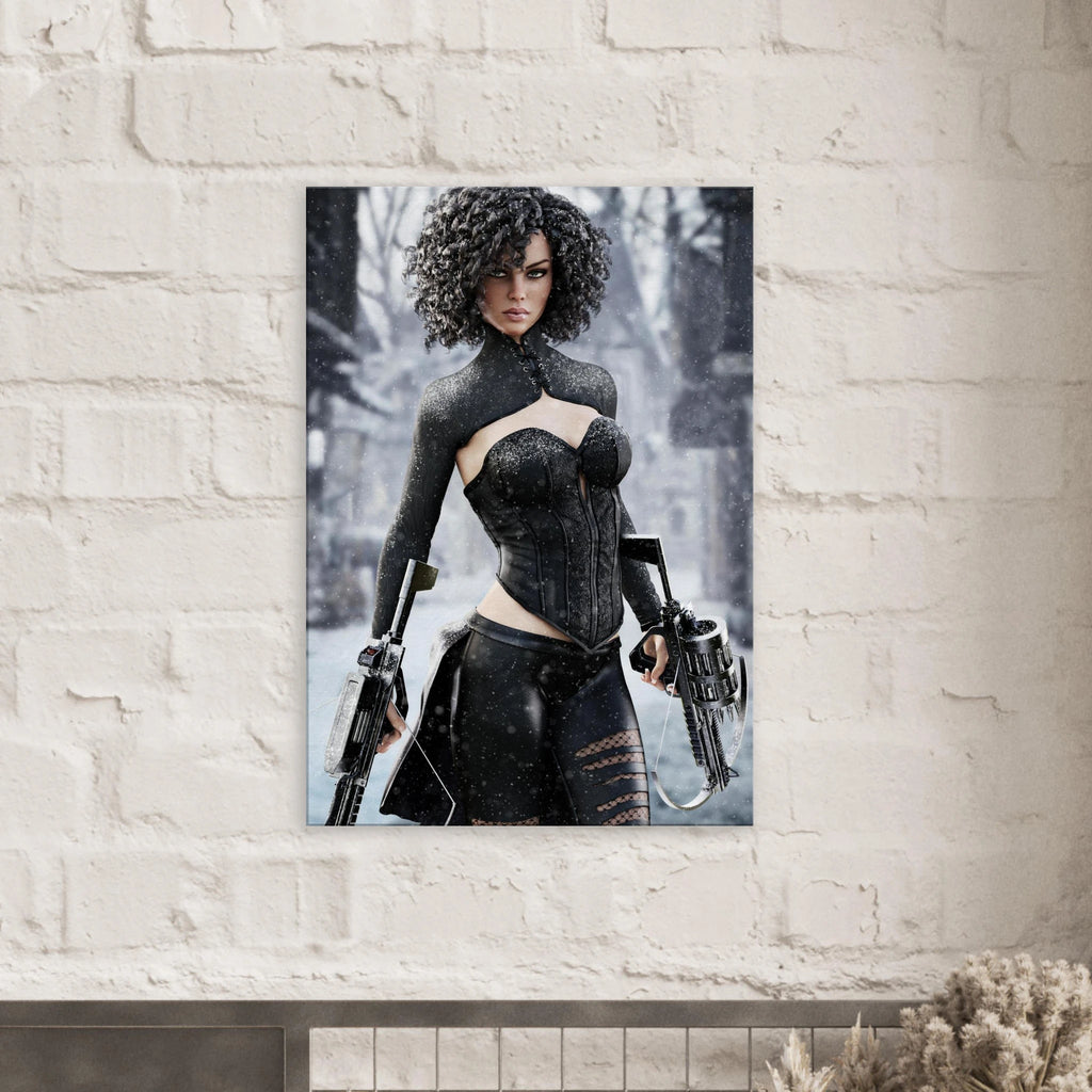 Handcrafted Fantasy Female Hunter wall art featuring a determined huntress wielding dual hand crossbows while standing in a snowy winter landscape. Fantasy artwork perfect for gaming rooms, RPG fans, collectors, and medieval fantasy décor.