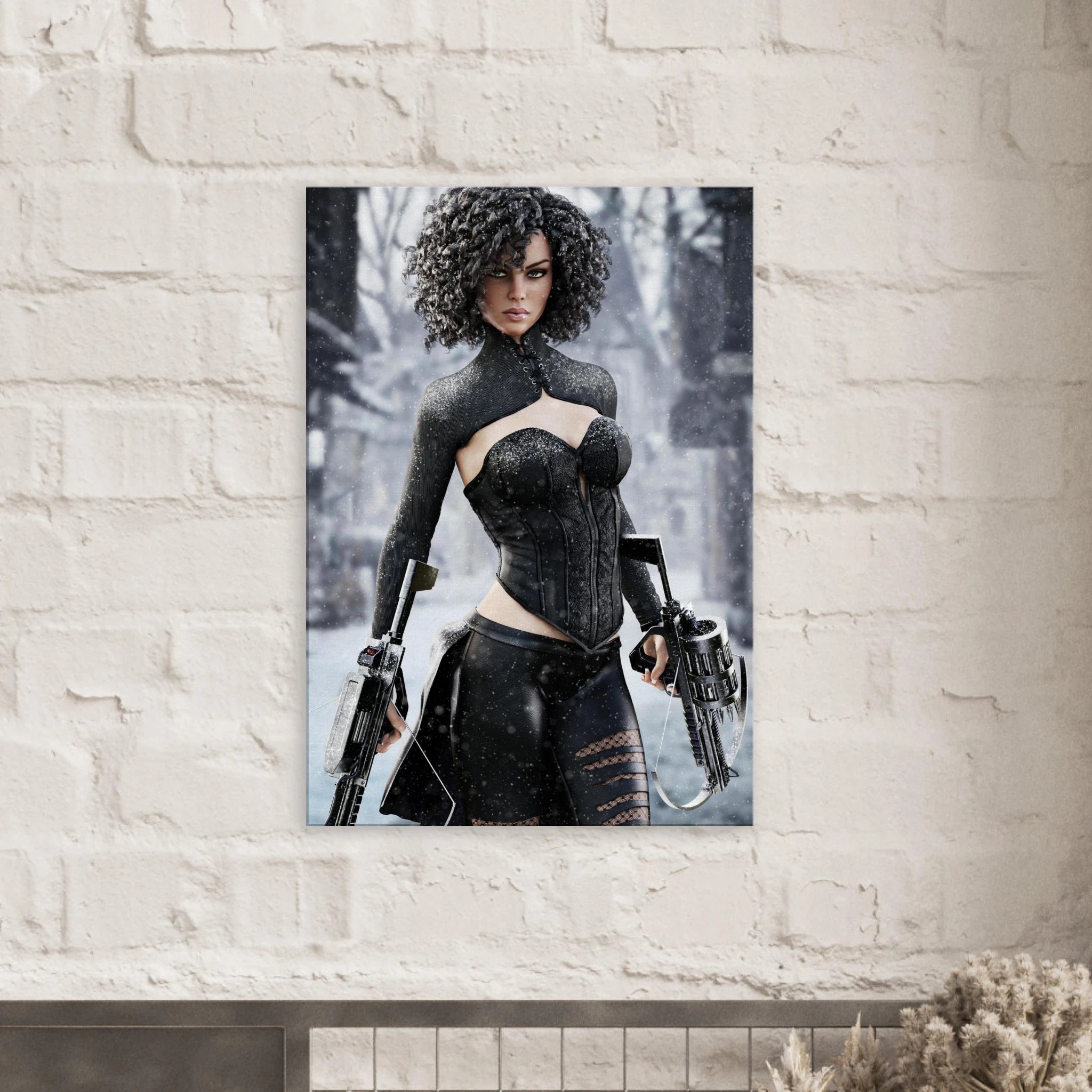Handcrafted Fantasy Female Hunter wall art featuring a determined huntress wielding dual hand crossbows while standing in a snowy winter landscape. Fantasy artwork perfect for gaming rooms, RPG fans, collectors, and medieval fantasy décor.