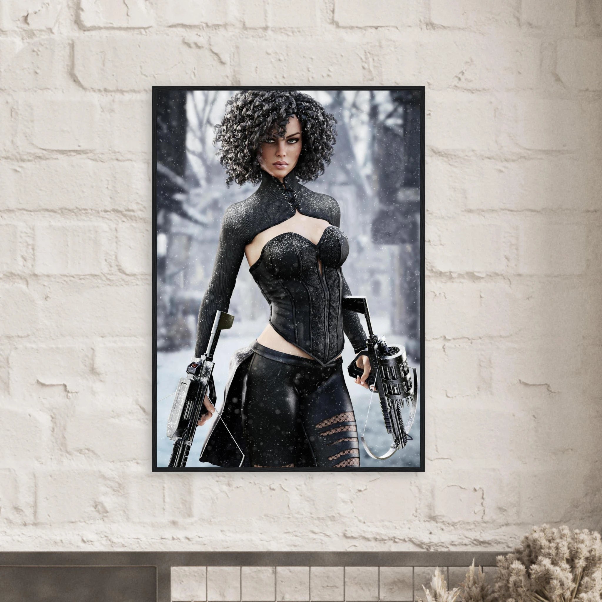 Handcrafted Fantasy Female Hunter wall art featuring a determined huntress wielding dual hand crossbows while standing in a snowy winter landscape. Fantasy artwork perfect for gaming rooms, RPG fans, collectors, and medieval fantasy décor.