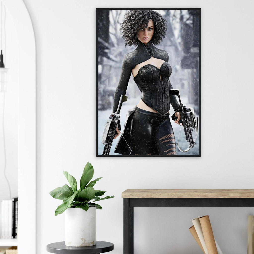 Handcrafted Fantasy Female Hunter wall art featuring a determined huntress wielding dual hand crossbows while standing in a snowy winter landscape. Fantasy artwork perfect for gaming rooms, RPG fans, collectors, and medieval fantasy décor.