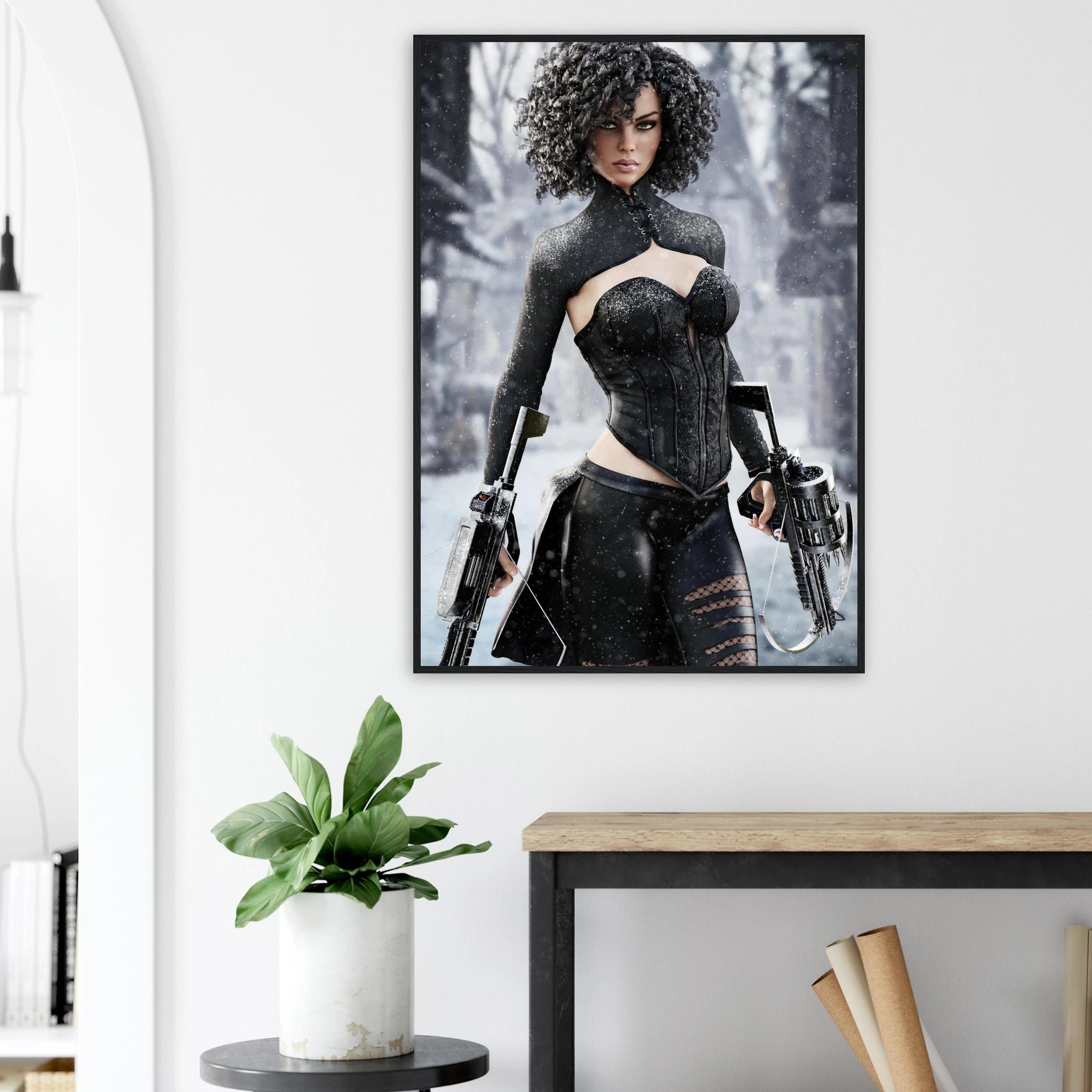 Handcrafted Fantasy Female Hunter wall art featuring a determined huntress wielding dual hand crossbows while standing in a snowy winter landscape. Fantasy artwork perfect for gaming rooms, RPG fans, collectors, and medieval fantasy décor.