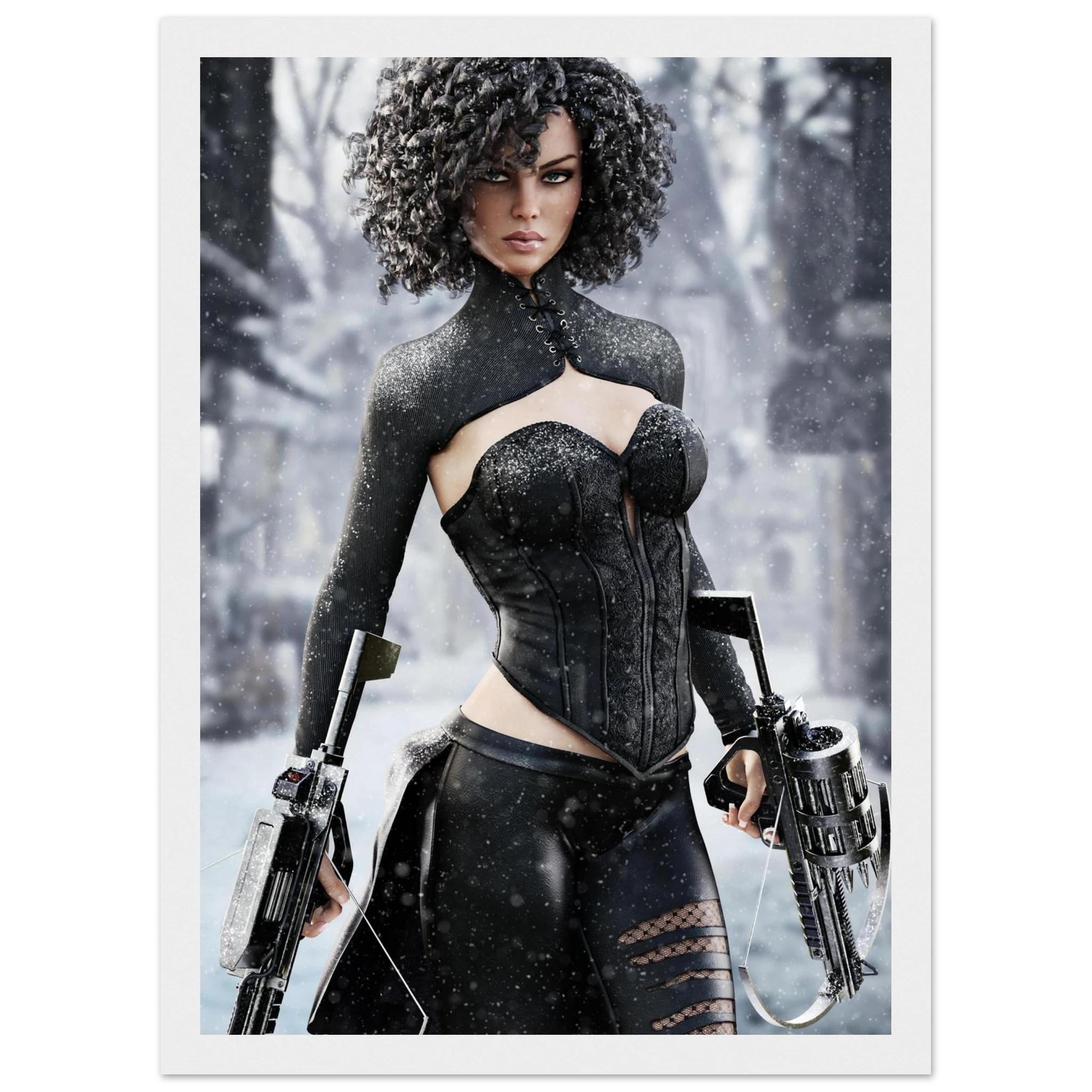 Handcrafted Fantasy Female Hunter wall art featuring a determined huntress wielding dual hand crossbows while standing in a snowy winter landscape. Fantasy artwork perfect for gaming rooms, RPG fans, collectors, and medieval fantasy décor.