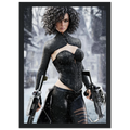 Handcrafted Fantasy Female Hunter wall art featuring a determined huntress wielding dual hand crossbows while standing in a snowy winter landscape. Fantasy artwork perfect for gaming rooms, RPG fans, collectors, and medieval fantasy décor.