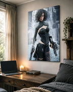 Handcrafted Fantasy Female Hunter wall art featuring a determined huntress wielding dual hand crossbows while standing in a snowy winter landscape. Fantasy artwork perfect for gaming rooms, RPG fans, collectors, and medieval fantasy décor.