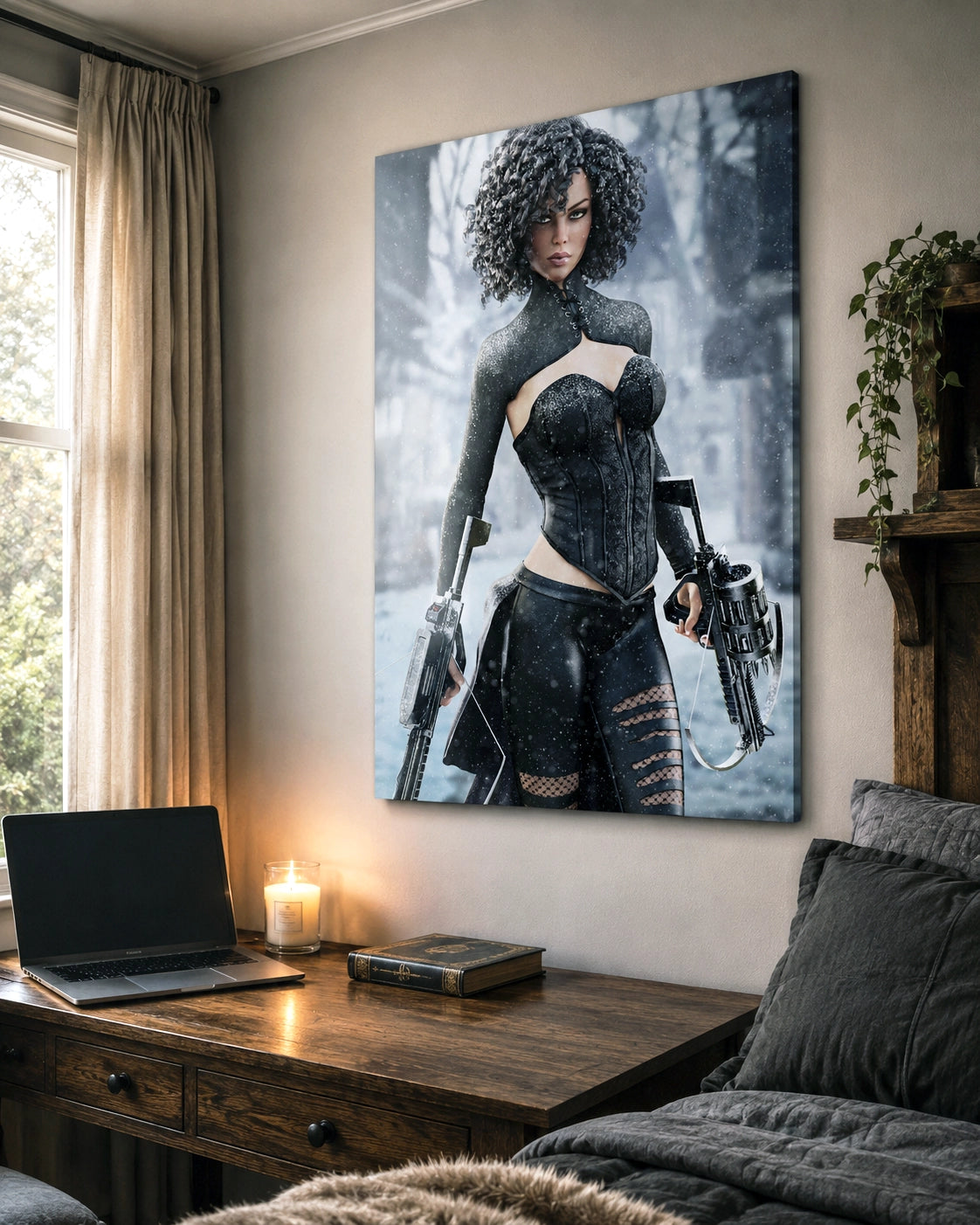 Handcrafted Fantasy Female Hunter wall art featuring a determined huntress wielding dual hand crossbows while standing in a snowy winter landscape. Fantasy artwork perfect for gaming rooms, RPG fans, collectors, and medieval fantasy décor.