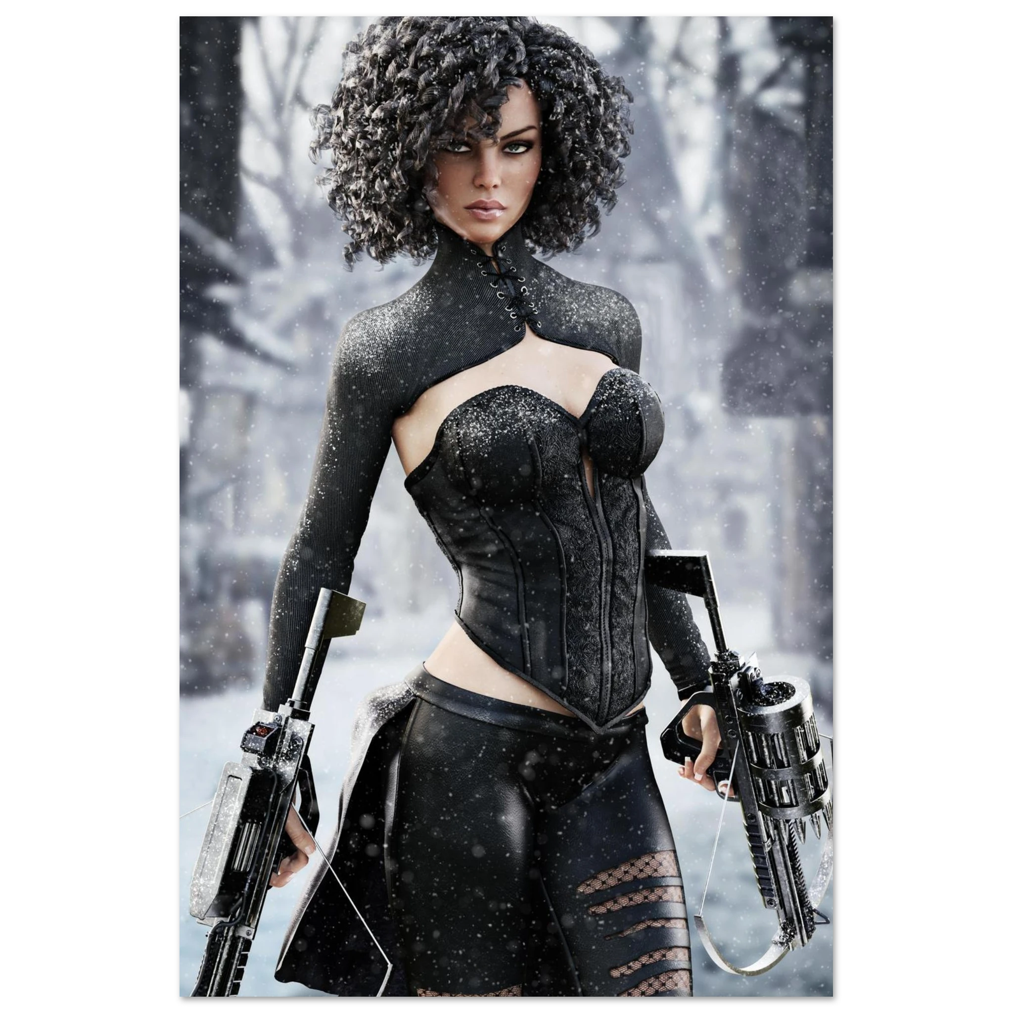 Handcrafted Fantasy Female Hunter wall art featuring a determined huntress wielding dual hand crossbows while standing in a snowy winter landscape. Fantasy artwork perfect for gaming rooms, RPG fans, collectors, and medieval fantasy décor.