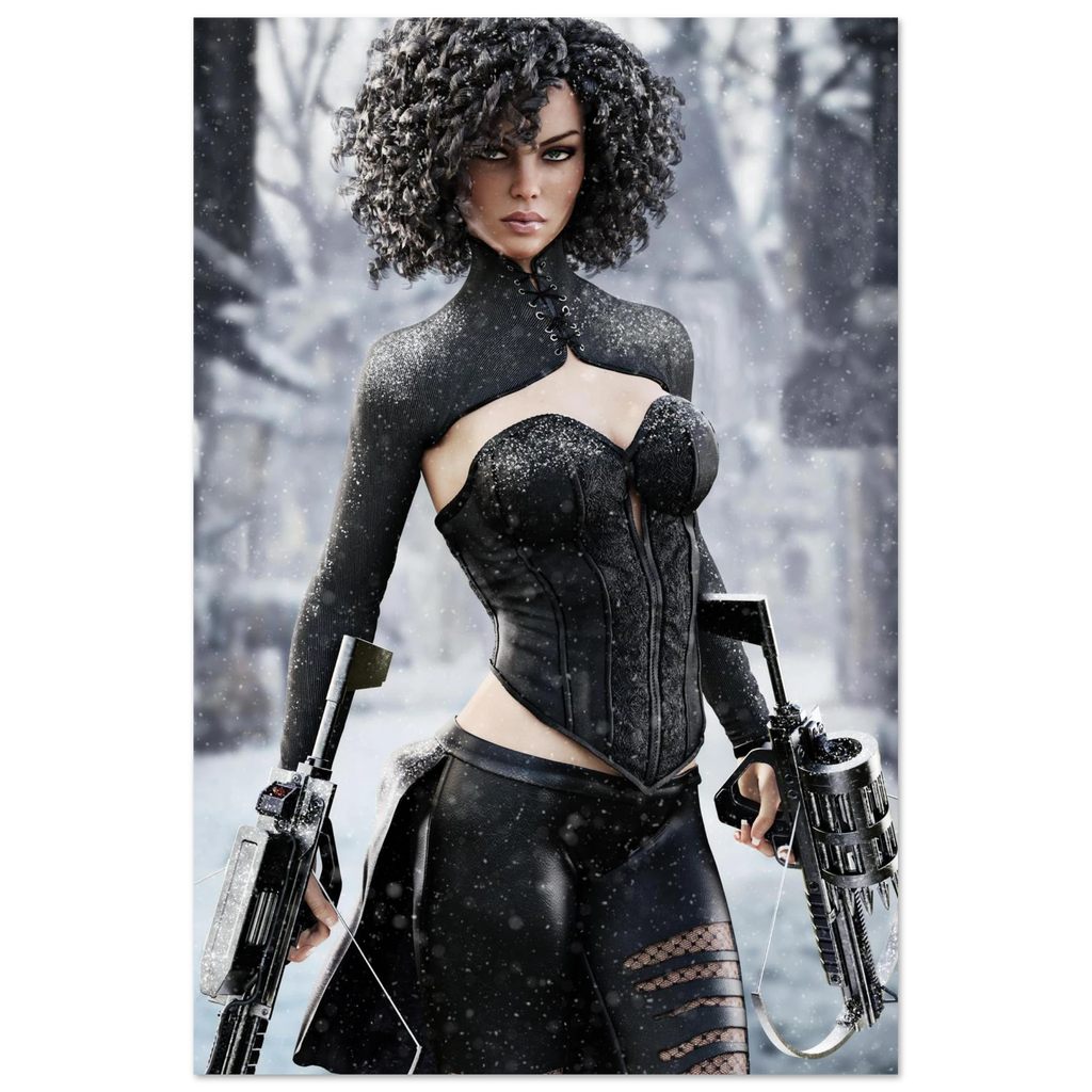 Handcrafted Fantasy Female Hunter wall art featuring a determined huntress wielding dual hand crossbows while standing in a snowy winter landscape. Fantasy artwork perfect for gaming rooms, RPG fans, collectors, and medieval fantasy décor.