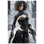 Handcrafted Fantasy Female Hunter wall art featuring a determined huntress wielding dual hand crossbows while standing in a snowy winter landscape. Fantasy artwork perfect for gaming rooms, RPG fans, collectors, and medieval fantasy décor.