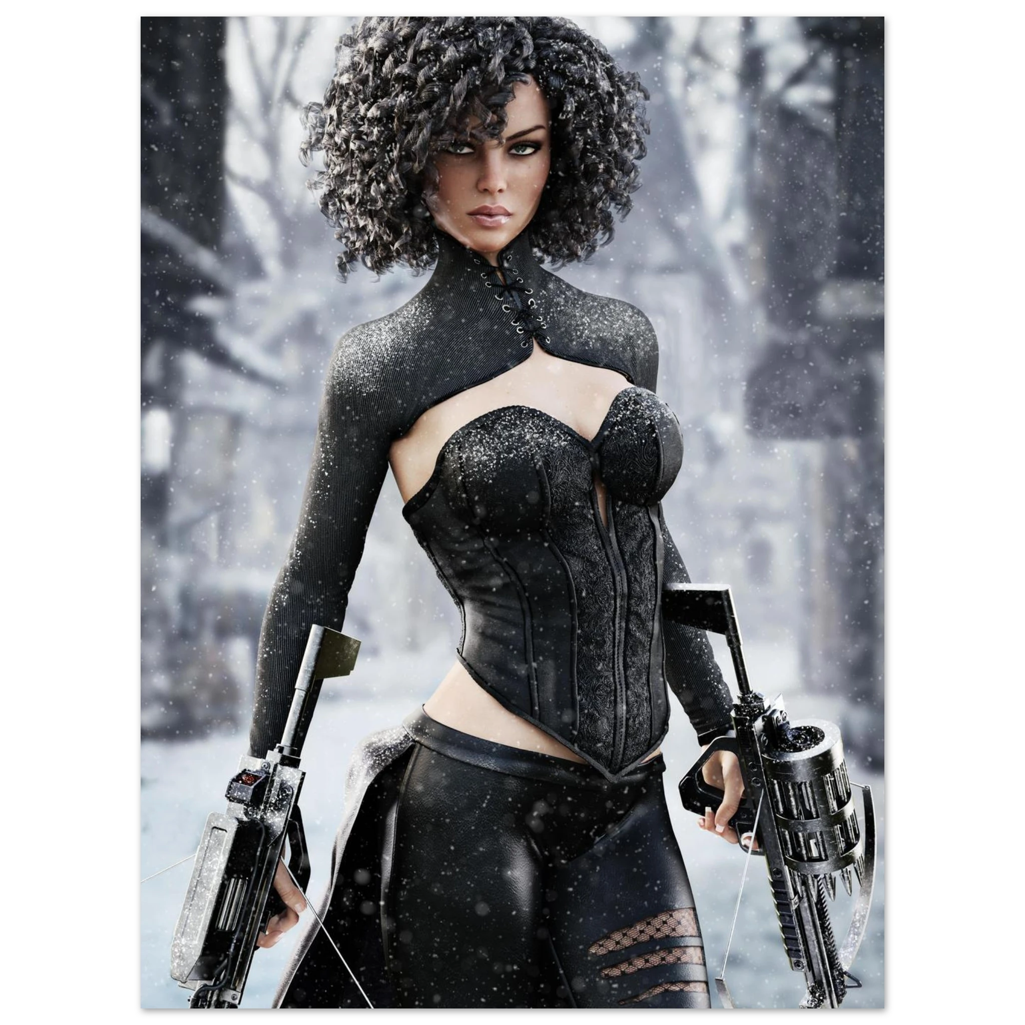 Handcrafted Fantasy Female Hunter wall art featuring a determined huntress wielding dual hand crossbows while standing in a snowy winter landscape. Fantasy artwork perfect for gaming rooms, RPG fans, collectors, and medieval fantasy décor.