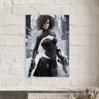 Handcrafted Fantasy Female Hunter wall art featuring a determined huntress wielding dual hand crossbows while standing in a snowy winter landscape. Fantasy artwork perfect for gaming rooms, RPG fans, collectors, and medieval fantasy décor.