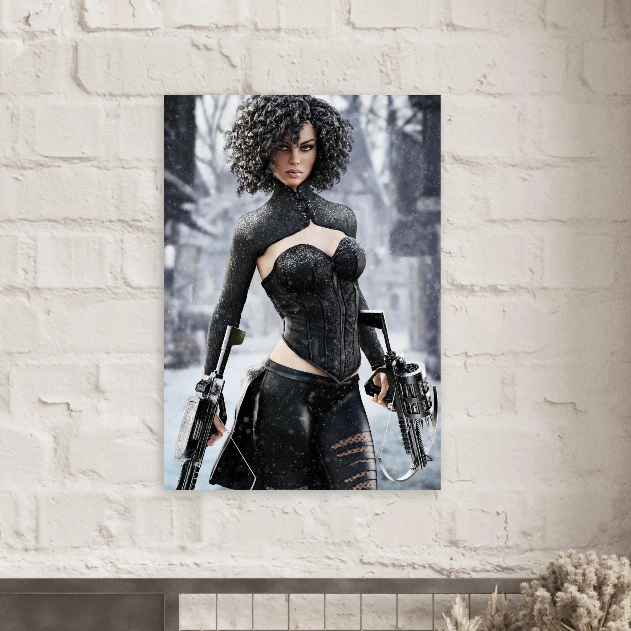 Handcrafted Fantasy Female Hunter wall art featuring a determined huntress wielding dual hand crossbows while standing in a snowy winter landscape. Fantasy artwork perfect for gaming rooms, RPG fans, collectors, and medieval fantasy décor.
