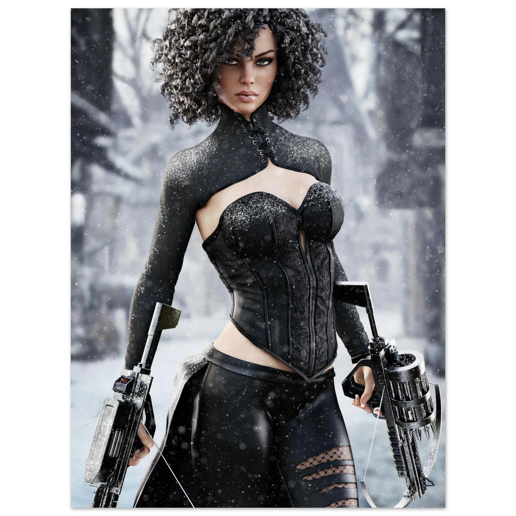 A vertical art print or poster featuring a stylized digital illustration of a woman with curly dark hair in a black outfit, holding a bow and crossbow in a snowy, blurred outdoor setting.