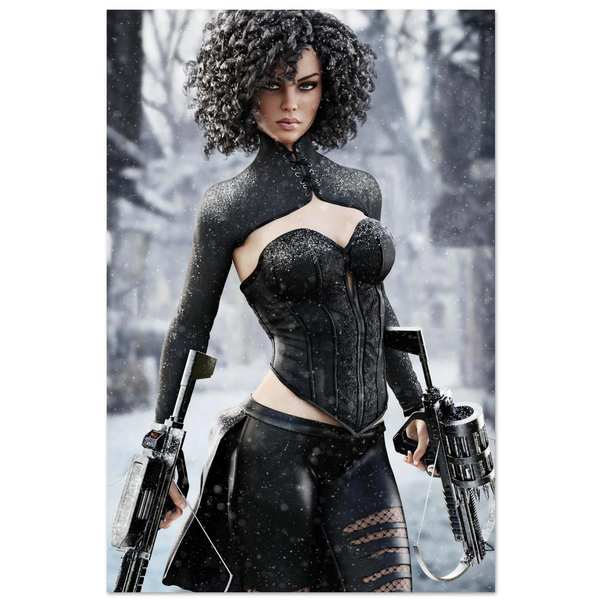 A stylized poster or print showing a woman with dark curly hair in a black corset-style outfit holding futuristic guns, set against a snowy blurred outdoor background.