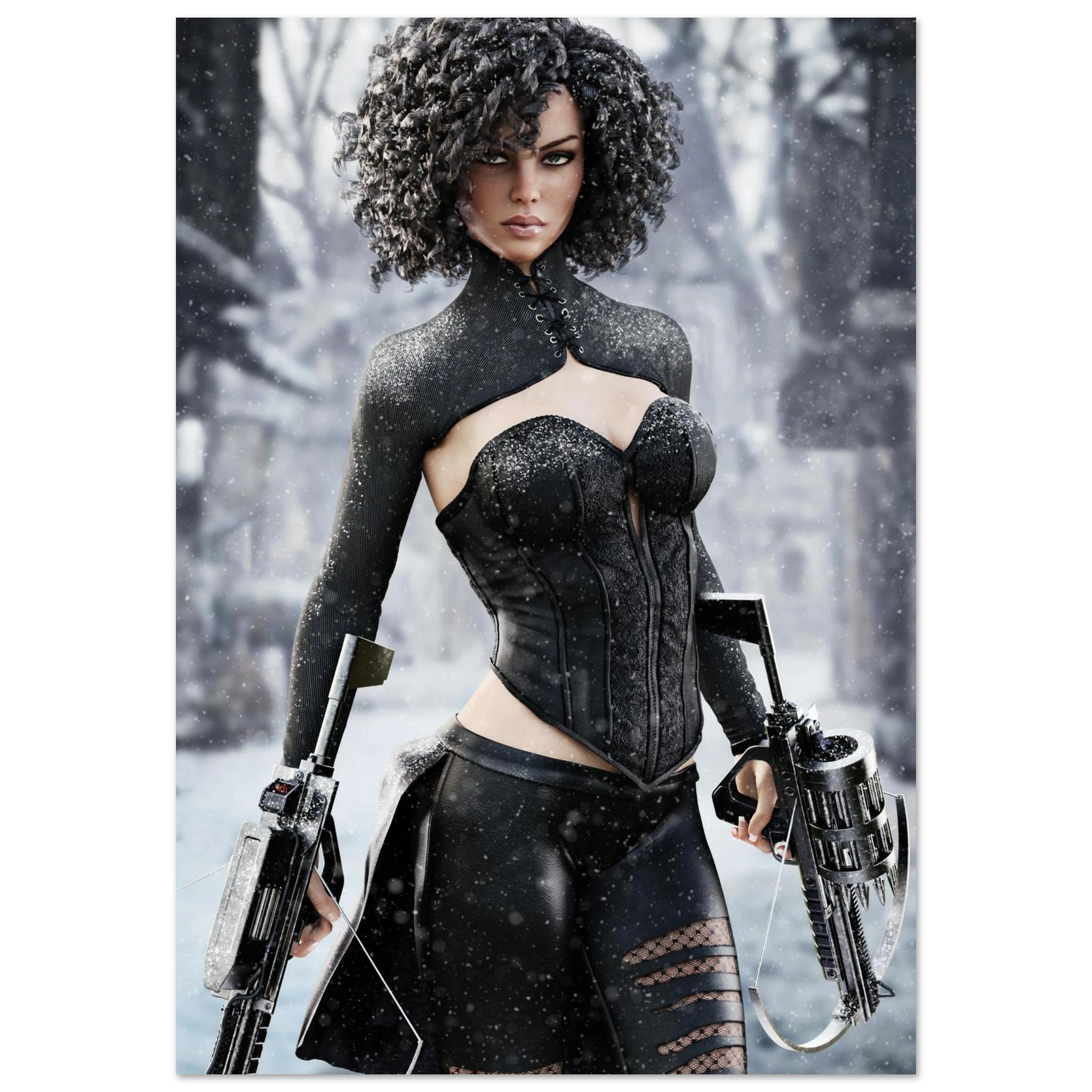 A vertical art print or poster featuring a stylized digital illustration of a woman with voluminous dark curly hair, wearing a black corset-style top and skirt while holding futuristic guns in a snowy, blurred outdoor setting.