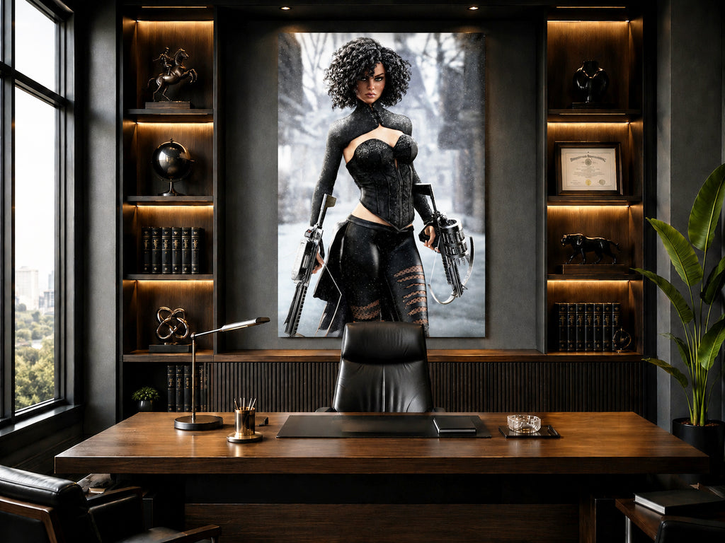A large vertical wall art print depicting a woman in a black corset and thigh-high stockings holding two guns, displayed in a modern dark office setting above a wooden desk with shelves and a window.