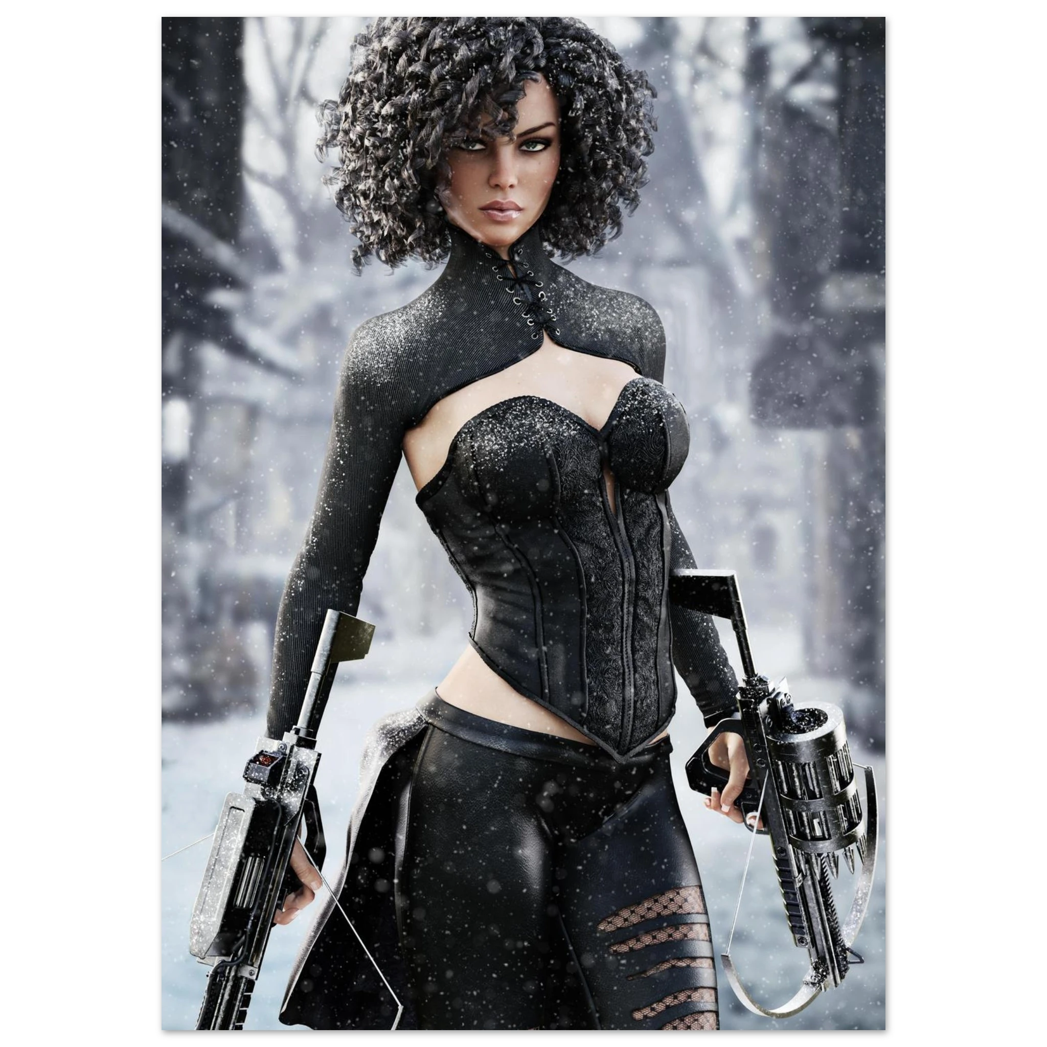 A stylized portrait print of a woman with voluminous dark curly hair, wearing a black corset-style top and skirt, holding futuristic guns in a snowy, blurred outdoor setting.