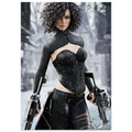 A stylized portrait of a woman with curly dark hair wearing a black corset-style top and matching skirt, holding two large futuristic guns, set against a snowy blurred outdoor background.
