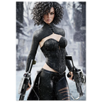 A stylized portrait of a woman with curly dark hair wearing a black corset-style top and matching skirt, holding two large futuristic guns, set against a snowy blurred outdoor background.