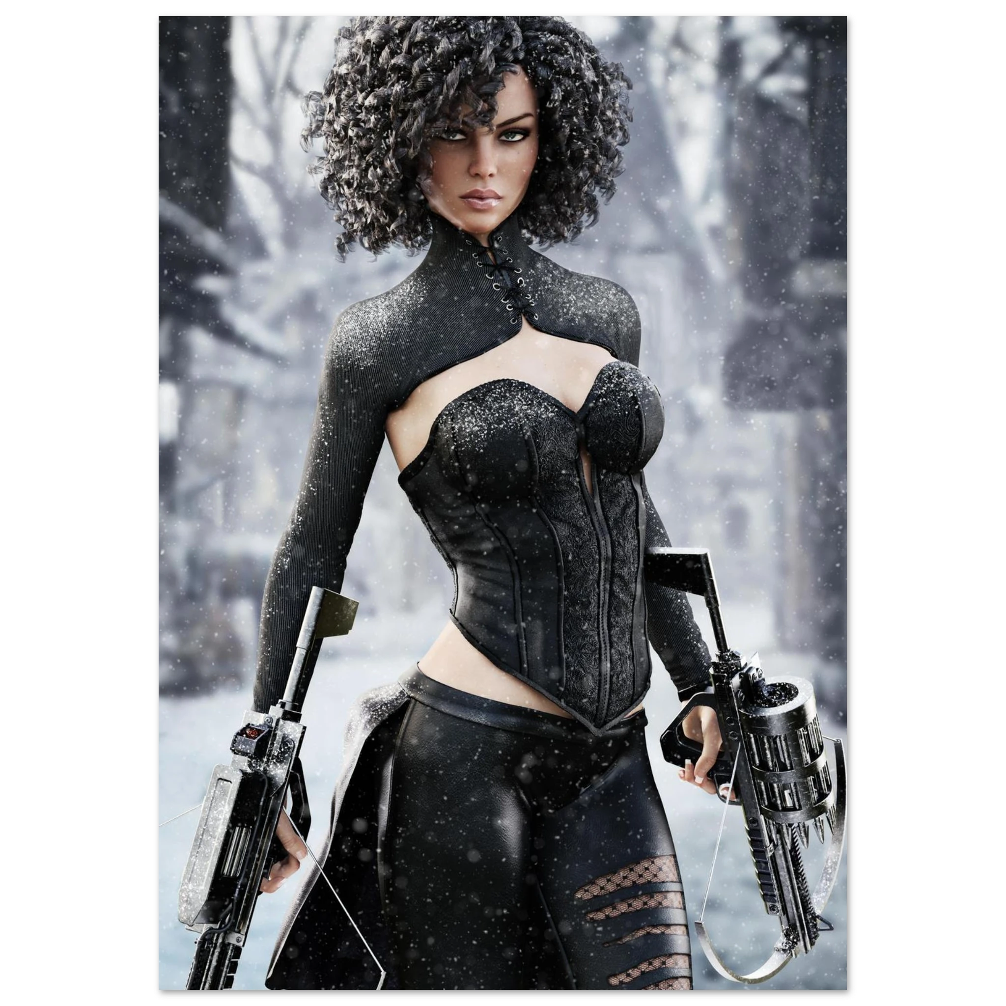 A stylized portrait of a woman with curly dark hair wearing a black corset-style top and matching skirt, holding two large futuristic guns, set against a snowy blurred outdoor background.
