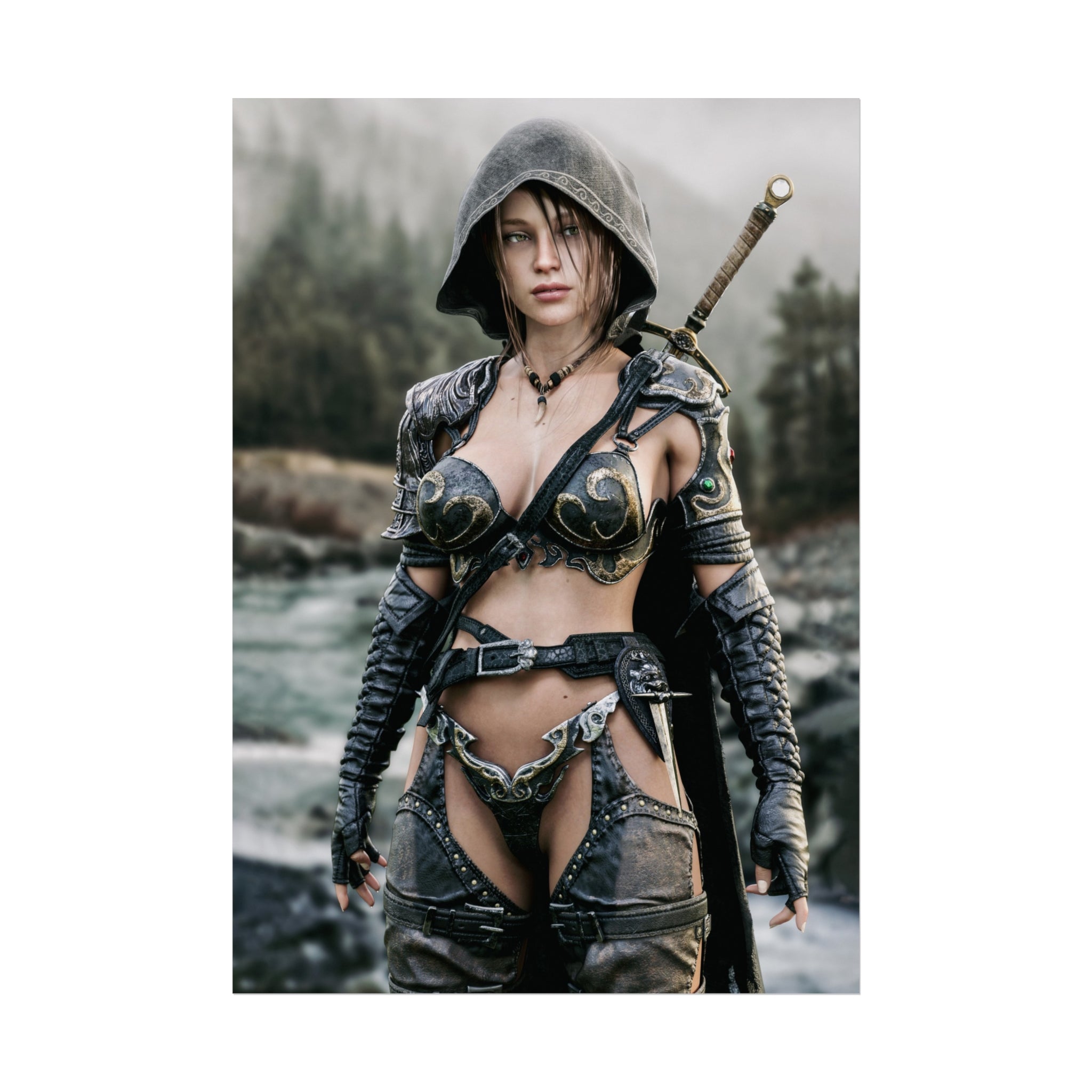 Female ranger wall art featuring a hooded fantasy warrior in ornate armor beside a misty river, carrying a sword through a rugged wilderness landscape.