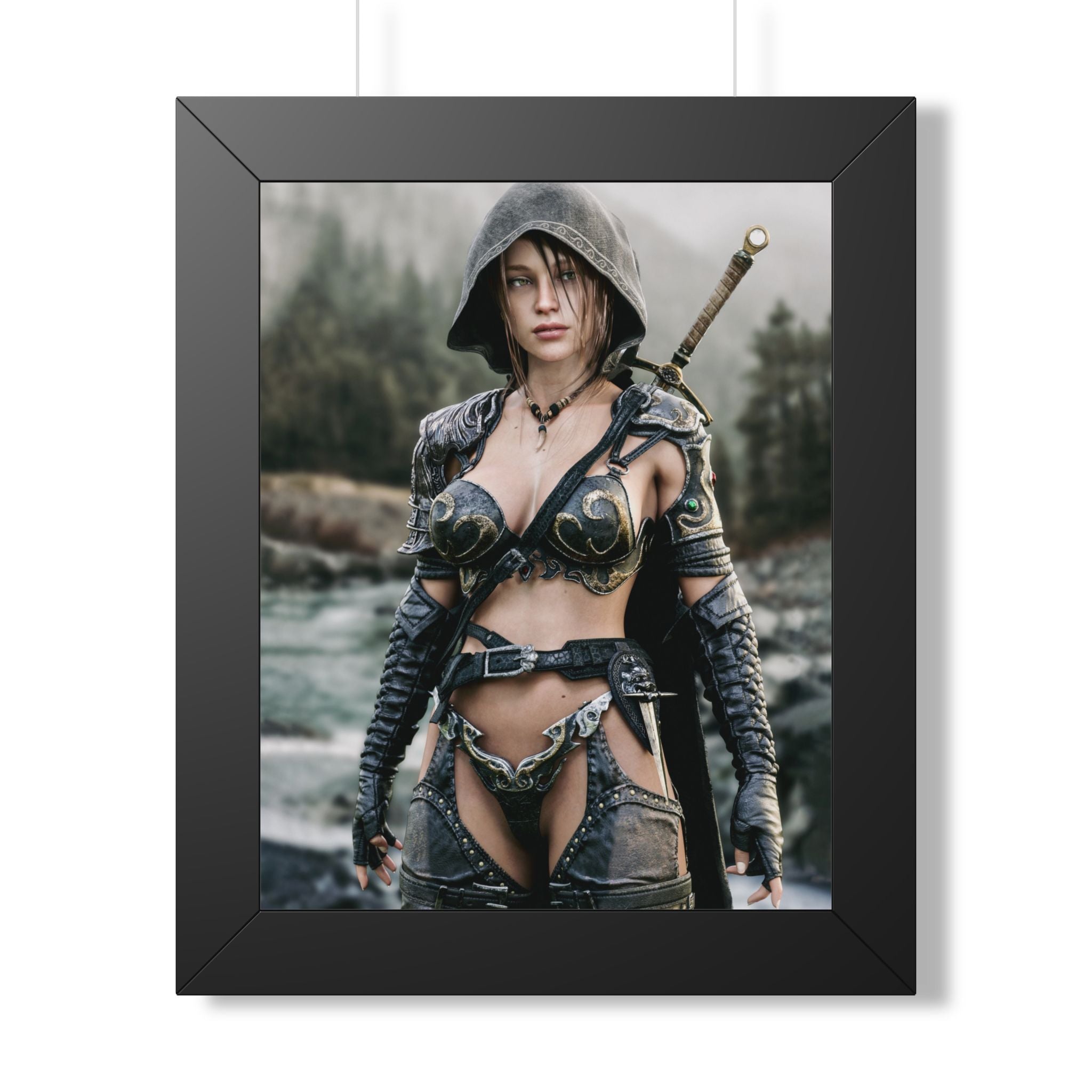 Female ranger wall art featuring a hooded fantasy warrior in ornate armor beside a misty river, carrying a sword through a rugged wilderness landscape.