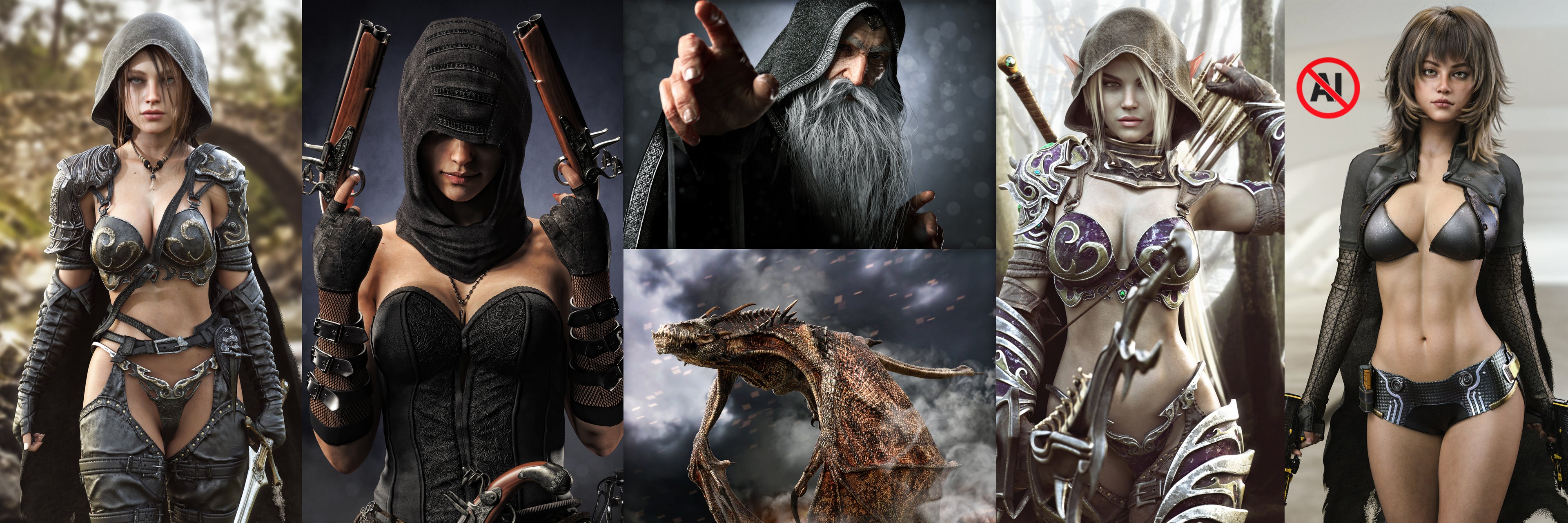 Collage of various fantasy and sci-fi characters in different poses and outfits.